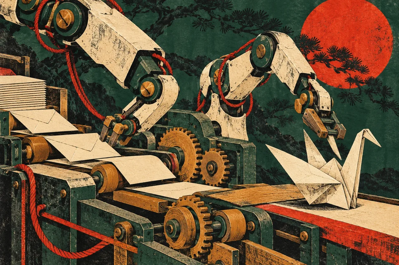 Japanese woodcut illustration of mechanical arms turning paper messages into an origami crane