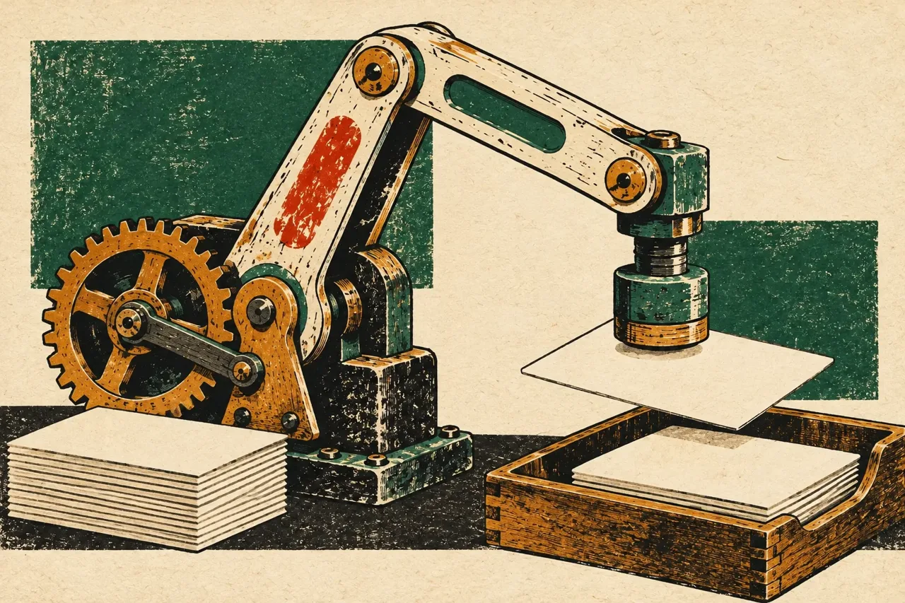 Woodcut illustration of a mechanical arm lifting a blank card between a stack of cards and a wooden tray on an ivory background.