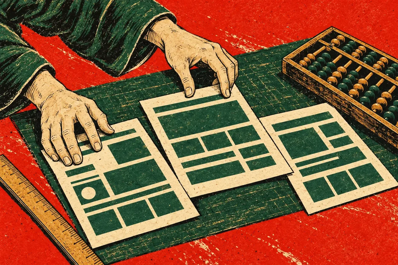 Japanese woodcut illustration of hands arranging three website layouts beside an abacus