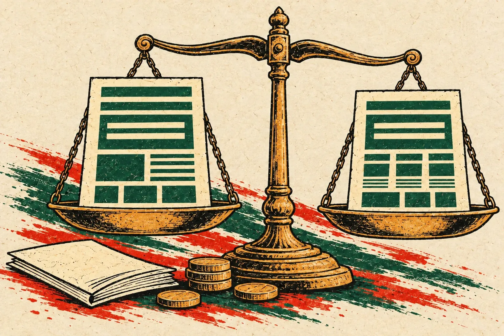 Japanese woodcut illustration of two website proposals on a balance scale beside coins and a ledger