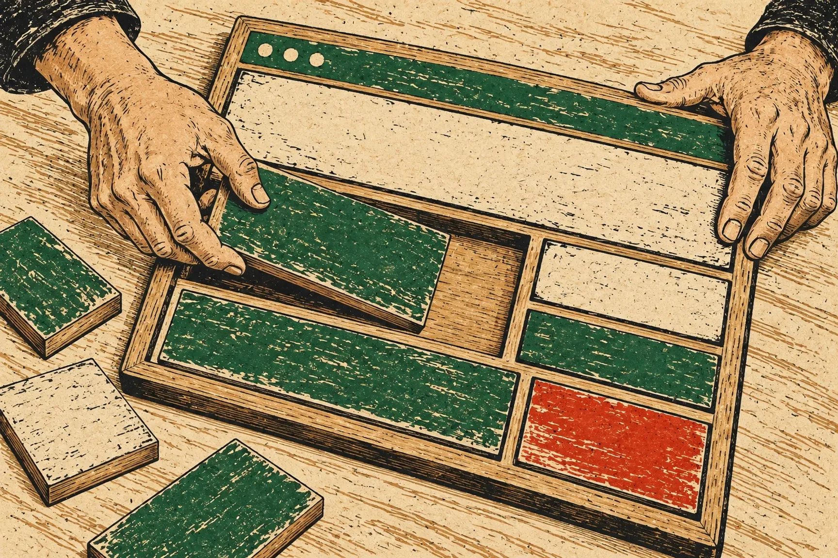 Woodcut illustration of hands fitting reused wooden panels into a website-shaped frame.