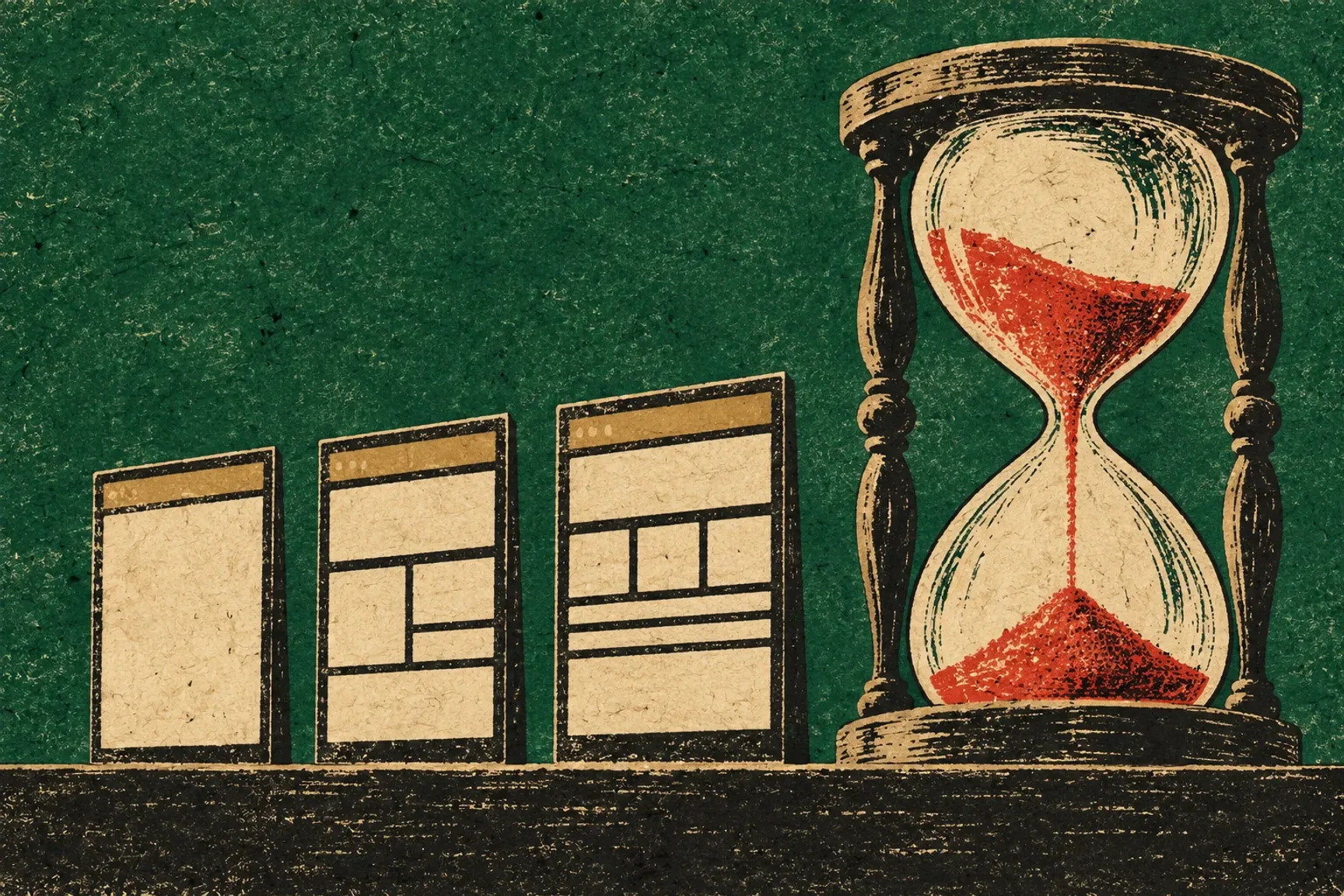 Woodcut illustration of a red-sand hourglass beside three progressively assembled website panels on a dark green background.