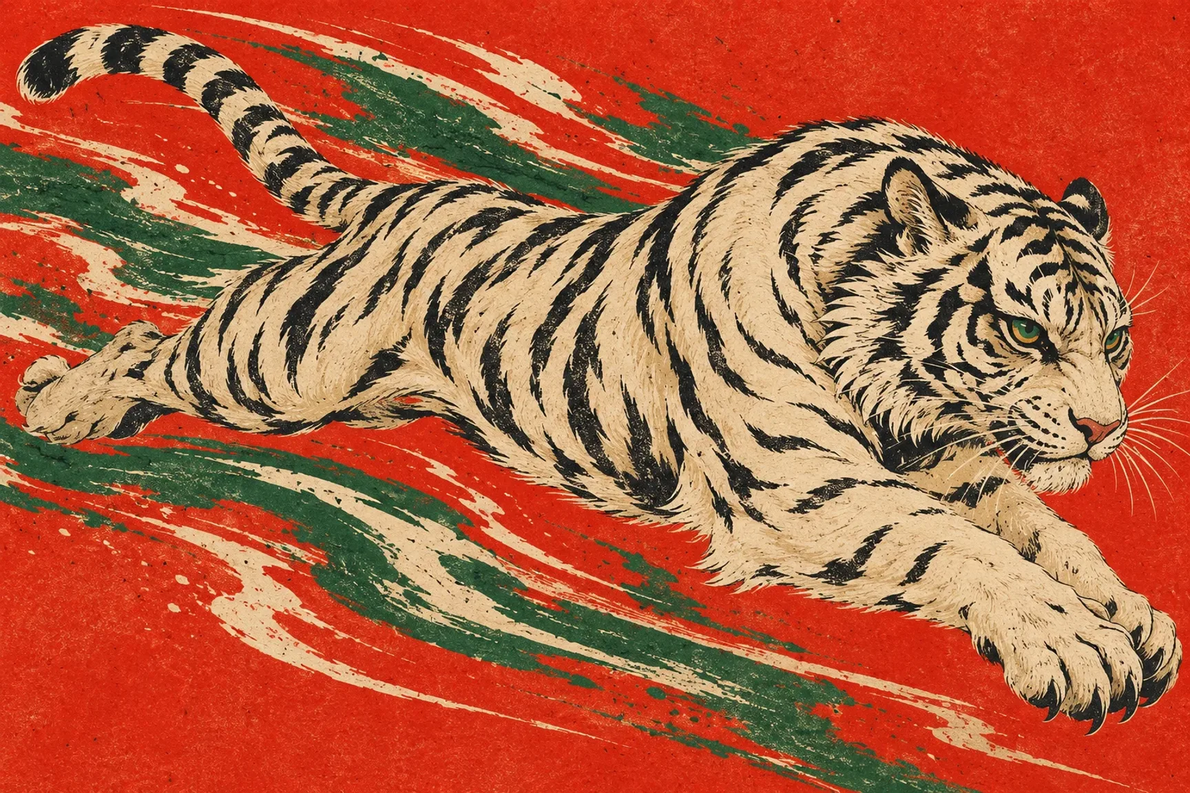 Japanese woodcut illustration of an ivory tiger racing through jade wind streaks on a vermilion background