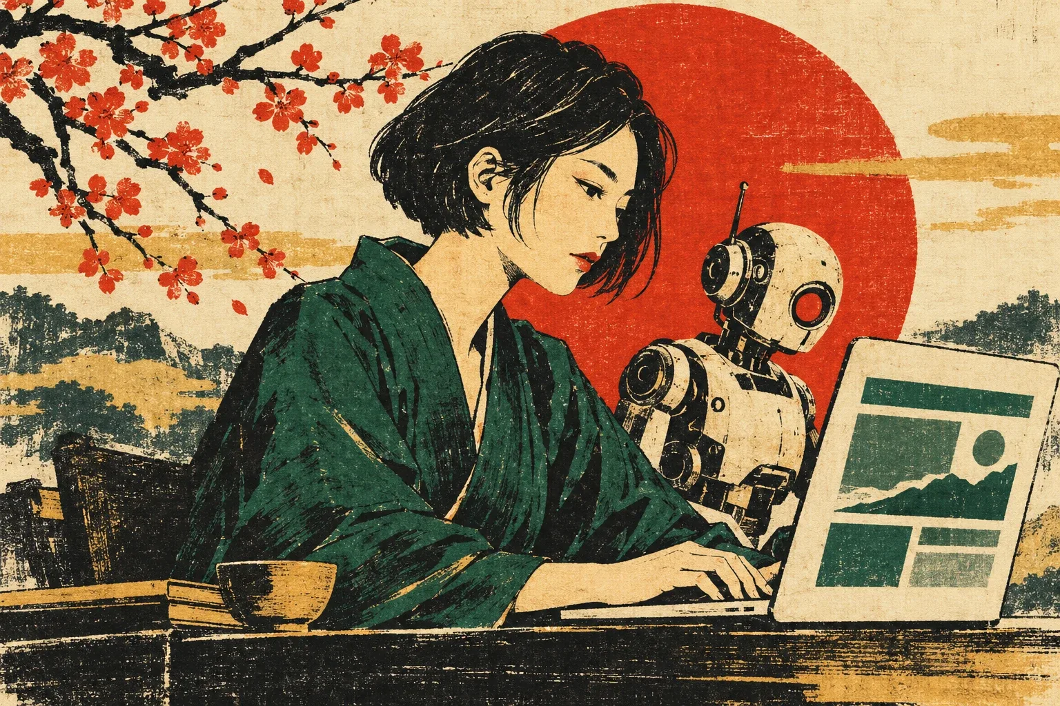 Ilustración de estilo xilografía japonesa de una mujer creando un sitio web junto a un pequeño robot asistente