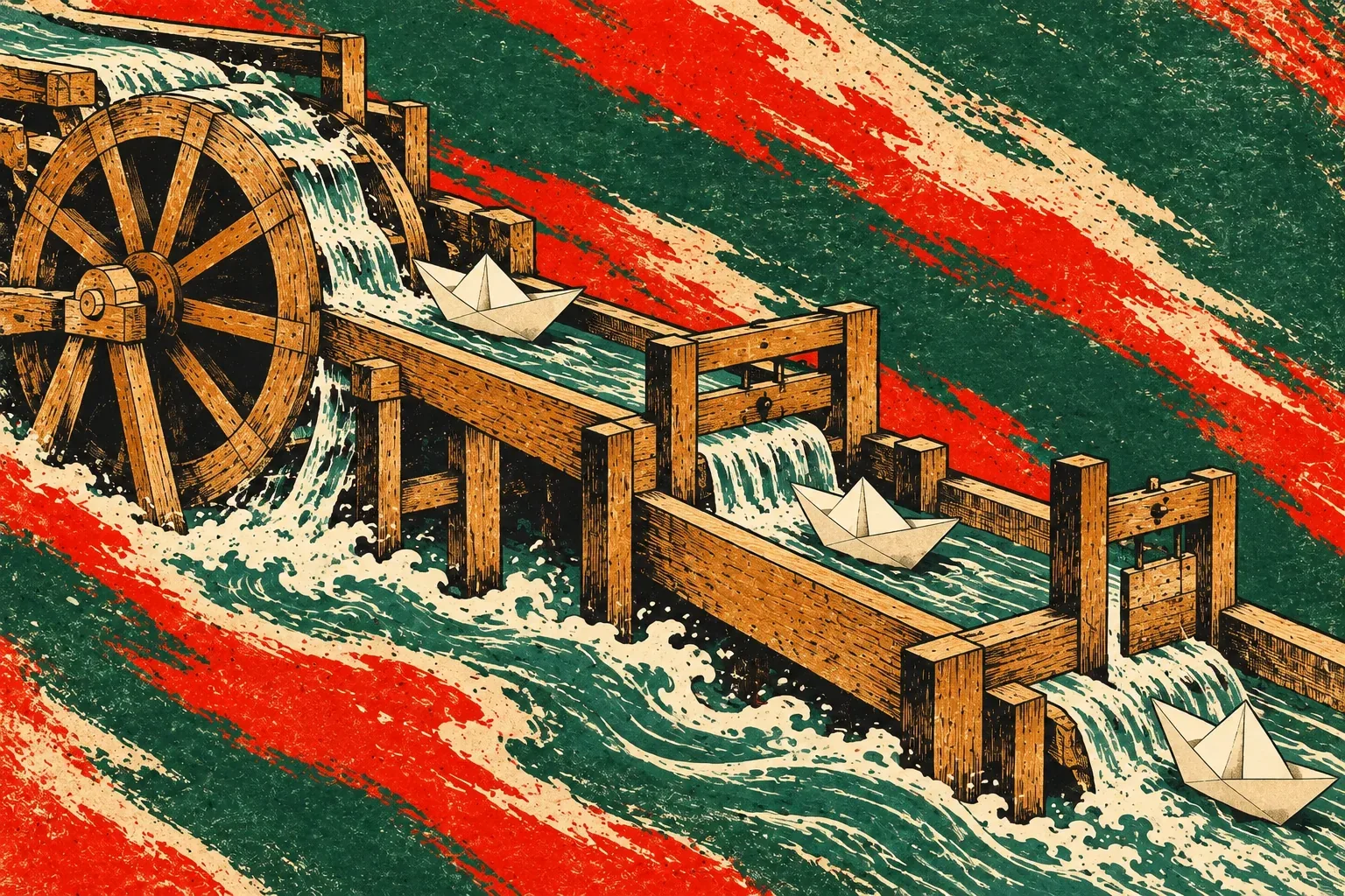Woodcut illustration of a waterwheel and connected wooden channels carrying three paper boats through flowing water.