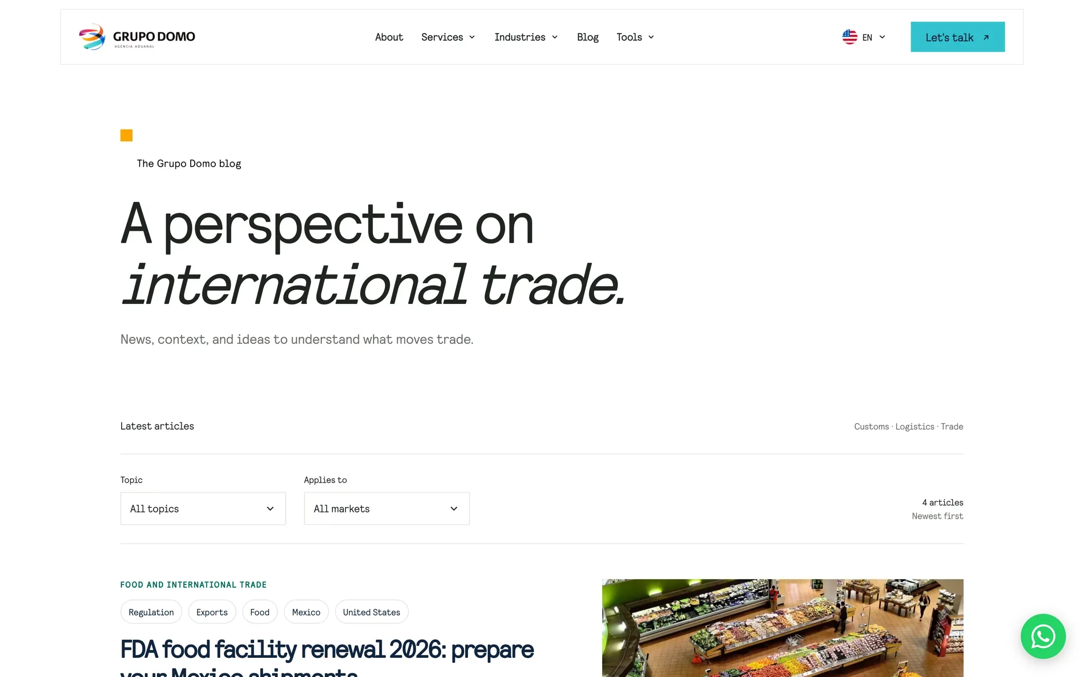 El blog, Una perspectiva del comercio internacional, con sus artículos sobre regulación, costos e importación de alimentos