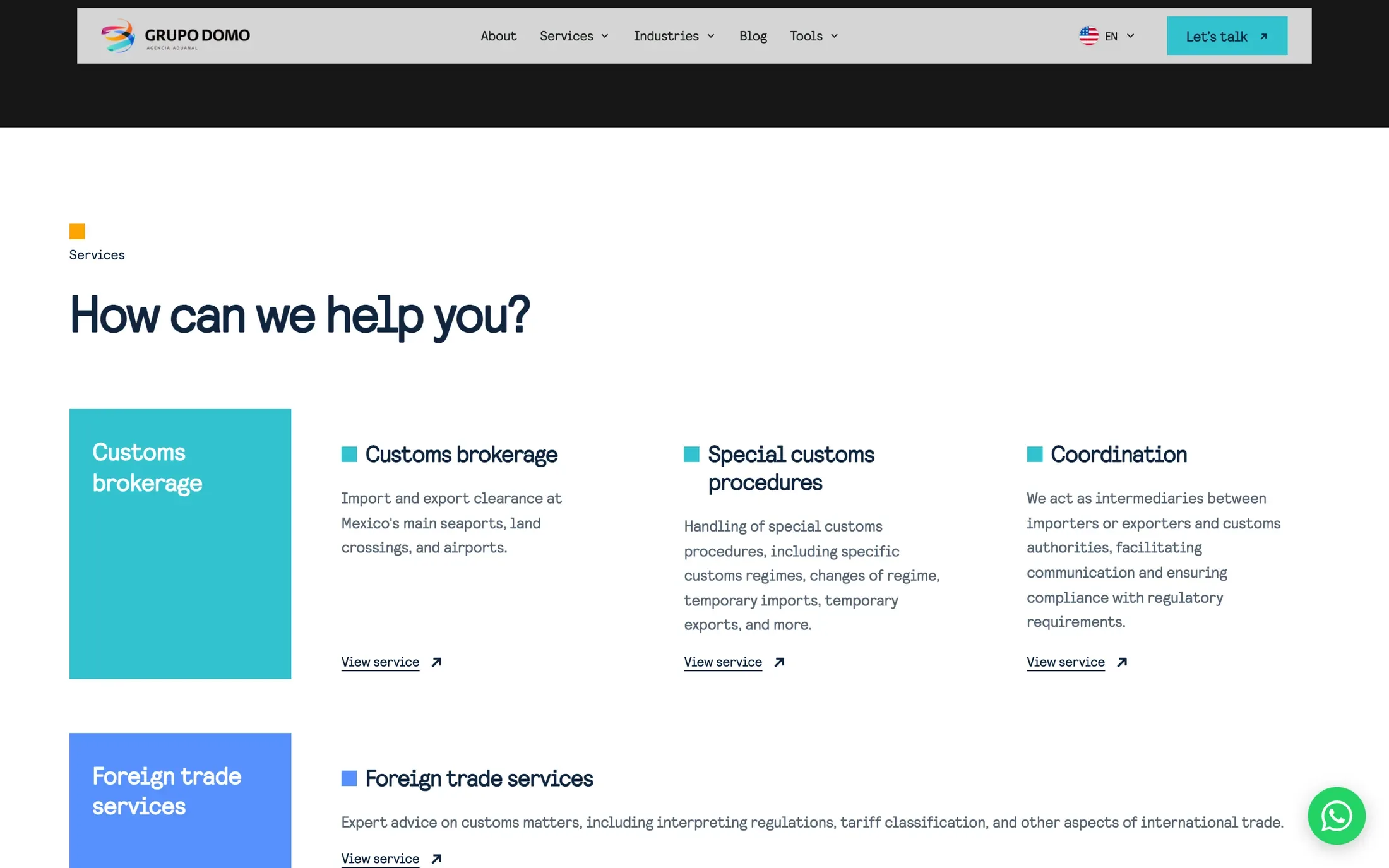 Una cuadrícula de tarjetas de colores con los servicios de la agencia: despacho aduanal, trámites especiales, coordinación y comercio exterior