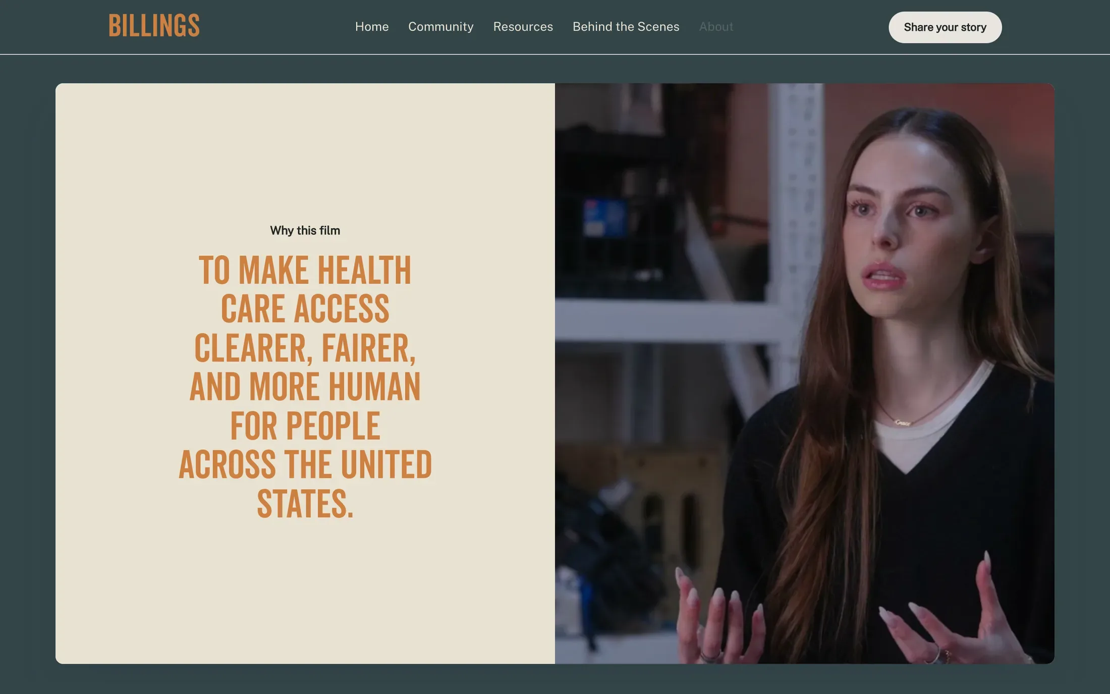 La página sobre la película: por qué esta película, con las palabras To make health care access clearer, fairer and more human, junto a la imagen de una actriz