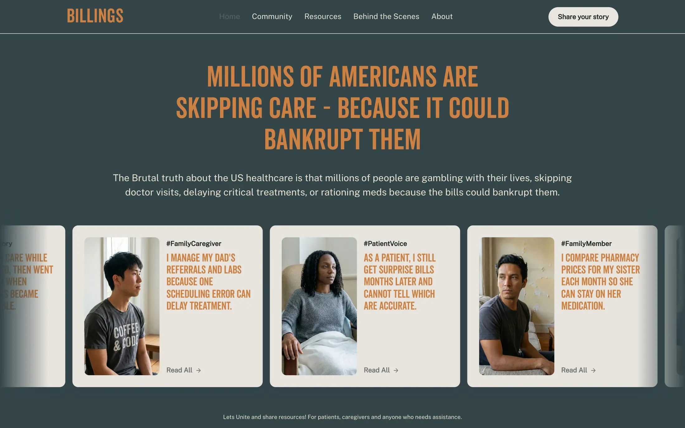 La página de inicio del sitio de Billings: el titular Millions of Americans are skipping care because it could bankrupt them, sobre una fila de historias reales