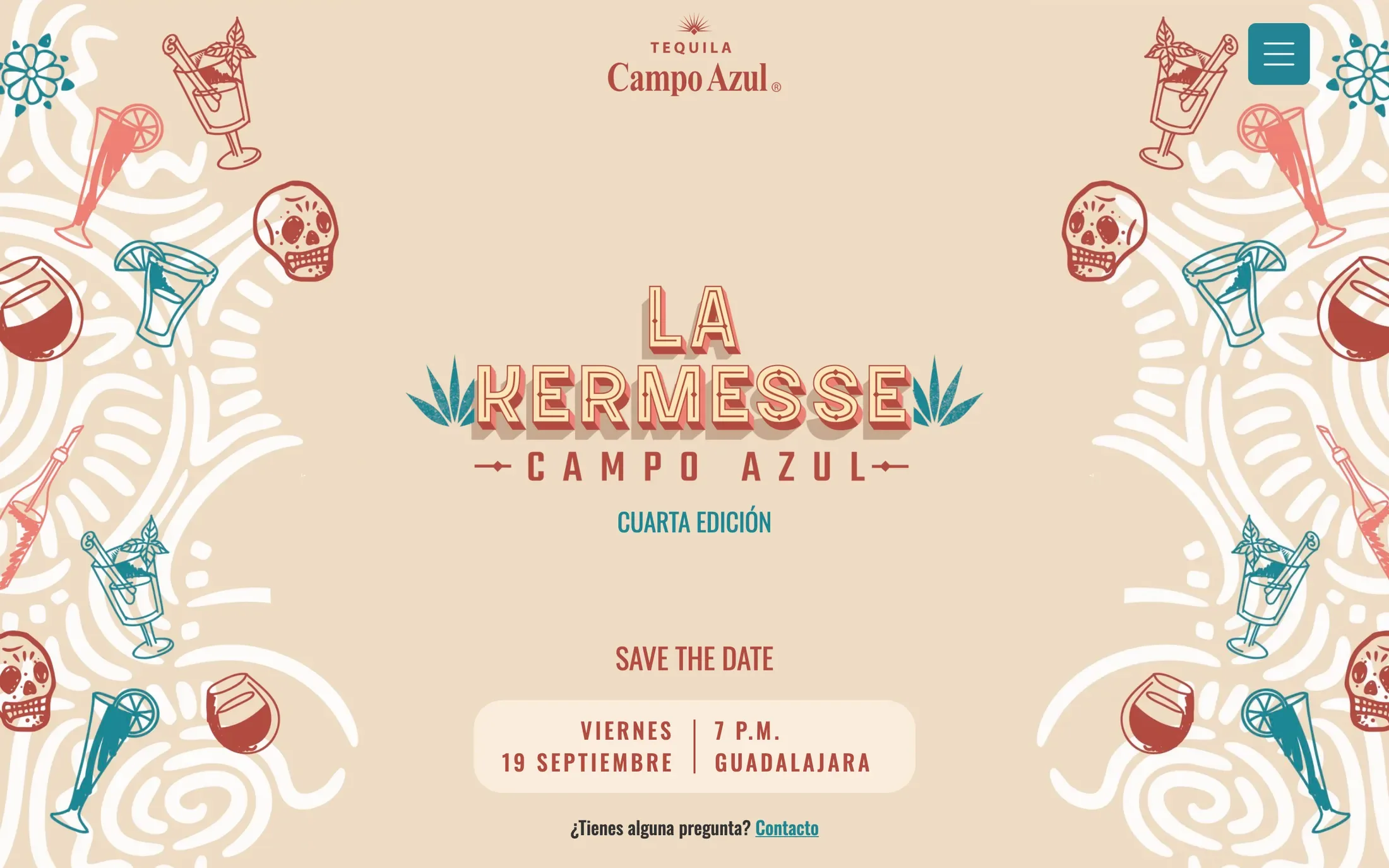 La página de inicio de La Kermesse de Campo Azul: el logotipo entre cocteles y calaveras ilustrados, con la fecha de la cuarta edición