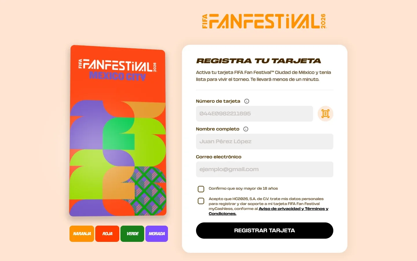 Una grabación del registro real de Cashless al cambiar entre los diseños de tarjeta naranja, roja, verde y morada