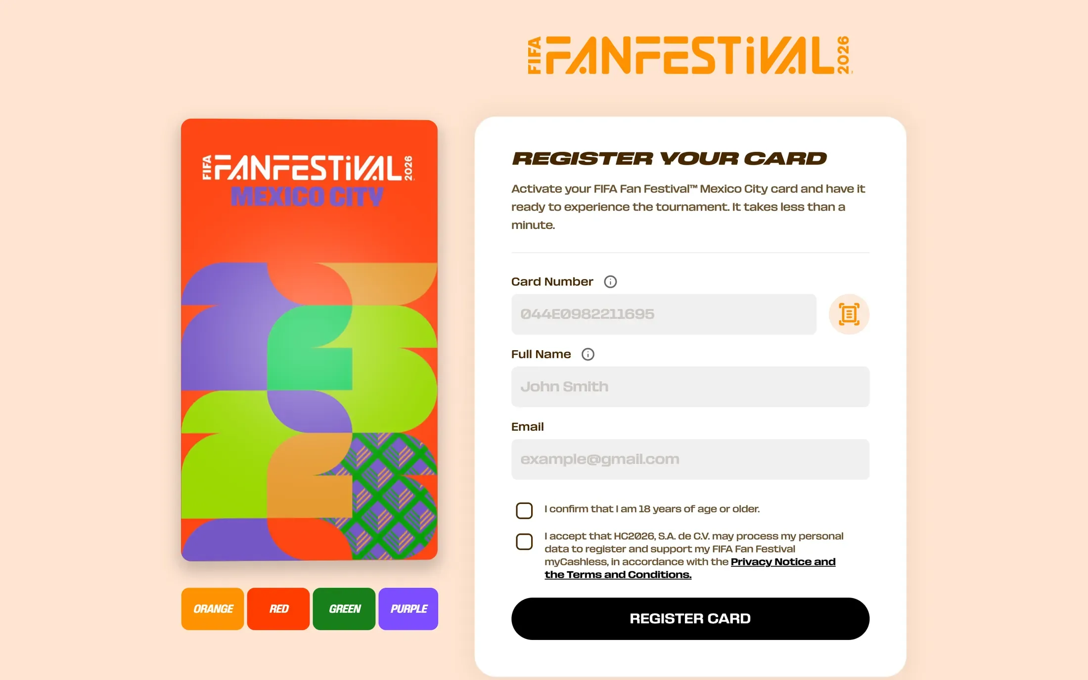 La página de registro en inglés: Register your card, con sus tres campos y los botones para escanear y registrar
