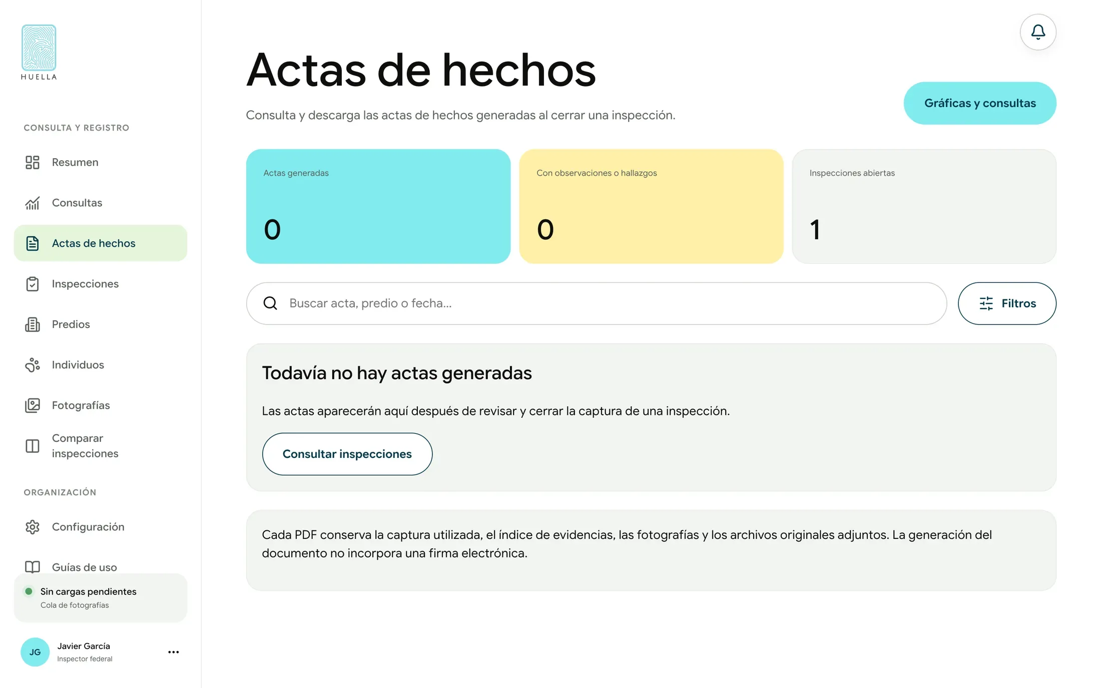 La página de actas de demostración cuenta las actas e inspecciones abiertas y explica el contenido de cada PDF
