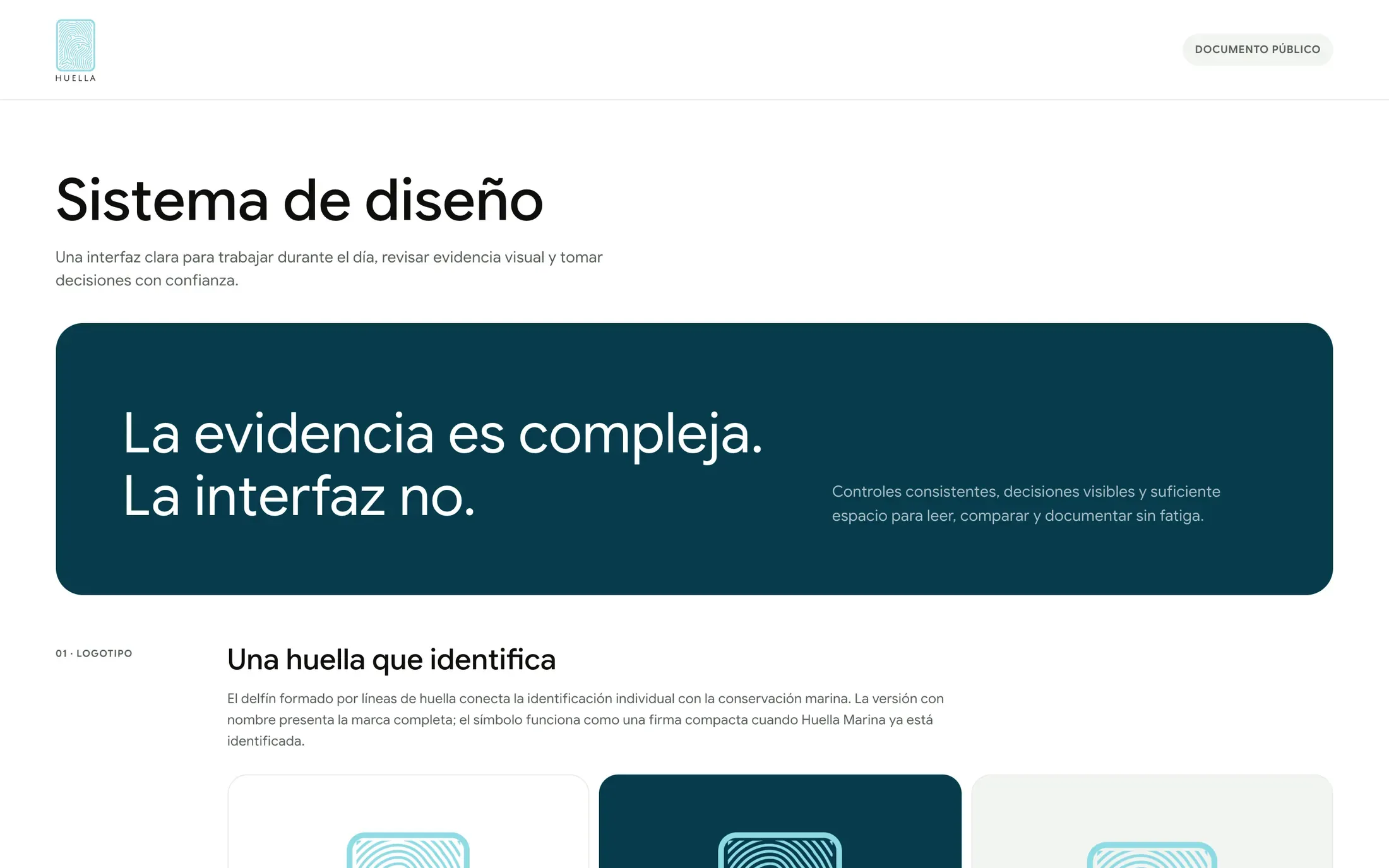 El sistema de diseño de Huella presenta su paleta azul verdosa y la identidad del delfín en forma de huella