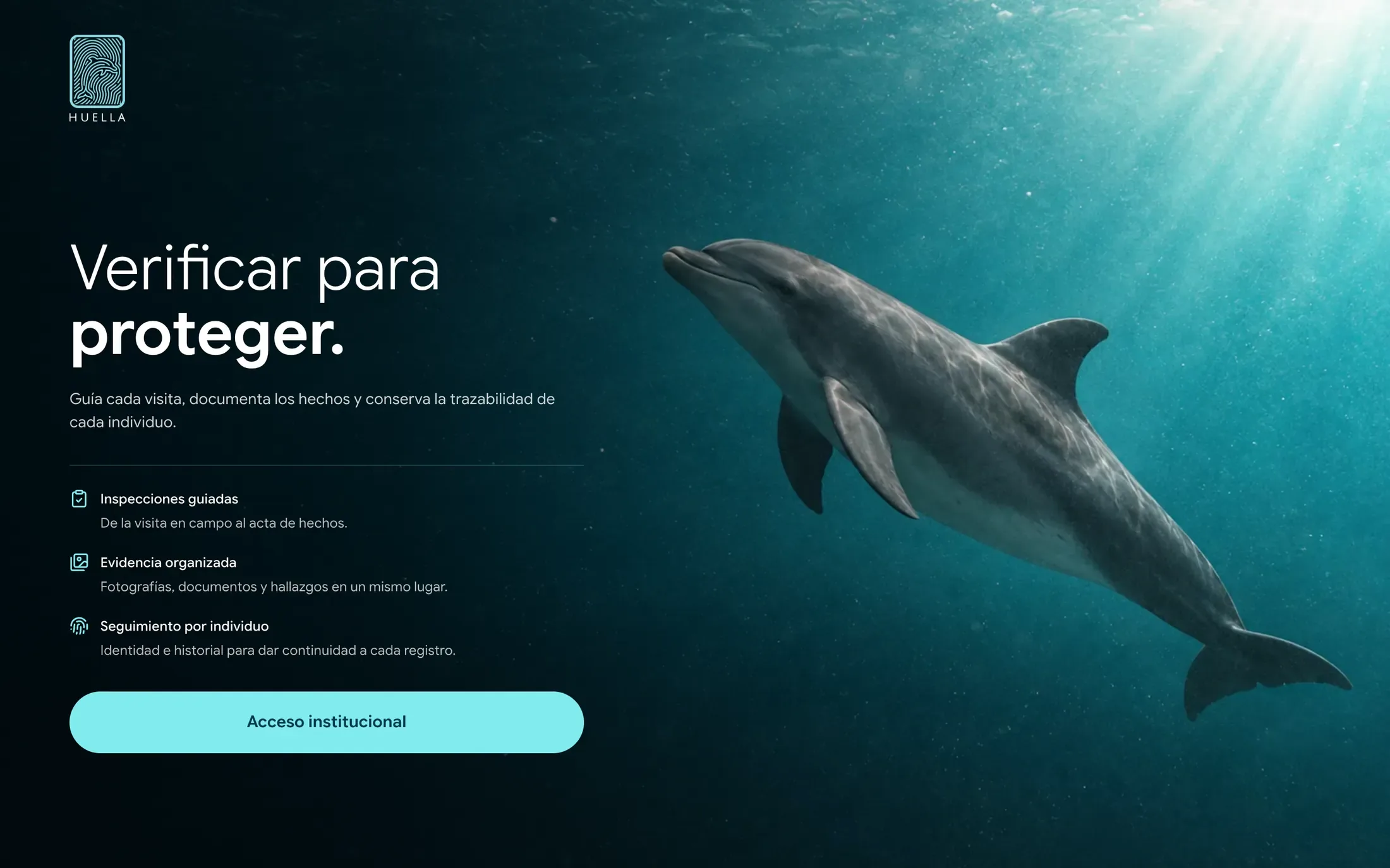 La página pública de Huella reúne un delfín bajo el agua, su propósito y el acceso institucional