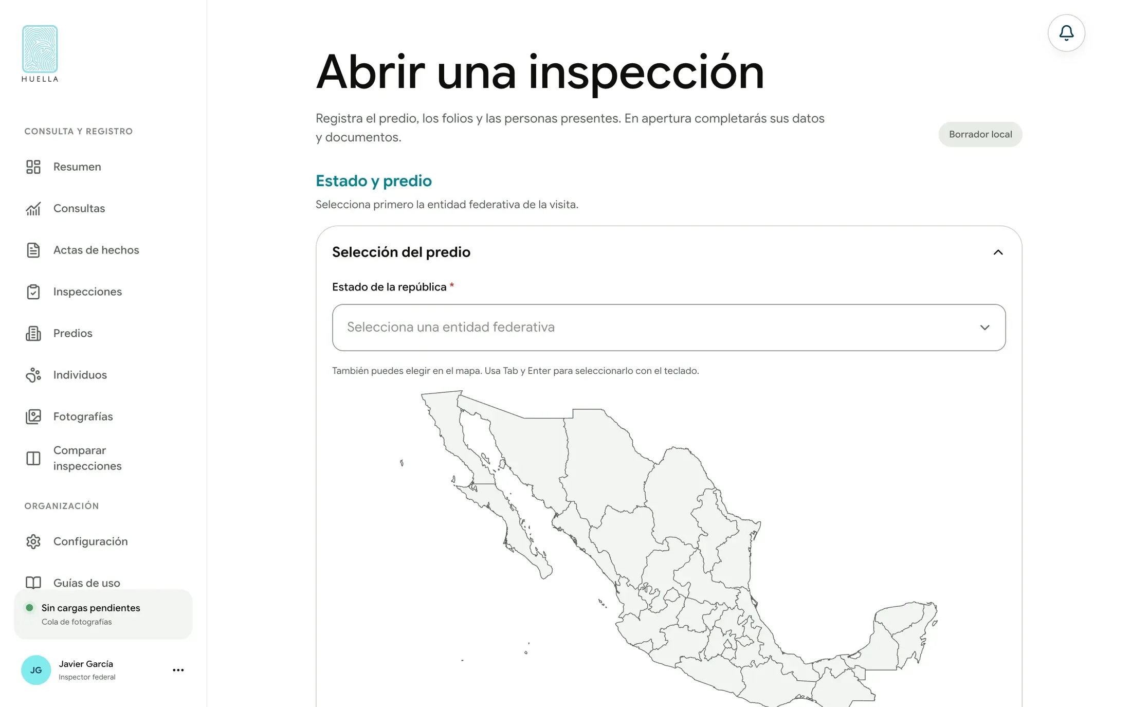 La demo de nueva inspección ofrece una lista de estados y un mapa de México