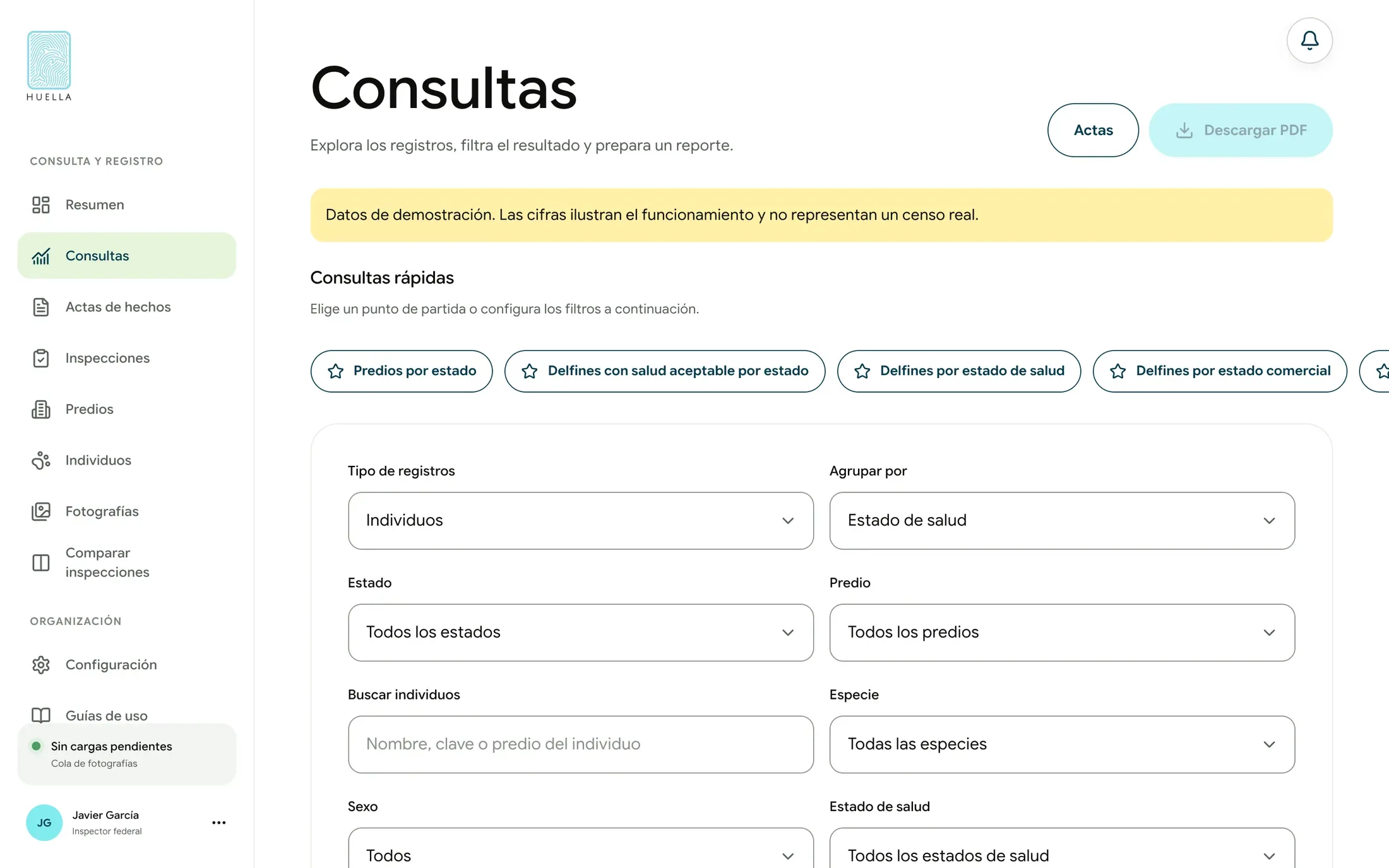 Las consultas de demostración combinan accesos rápidos con filtros de tipo de registro, estado, especie y sexo