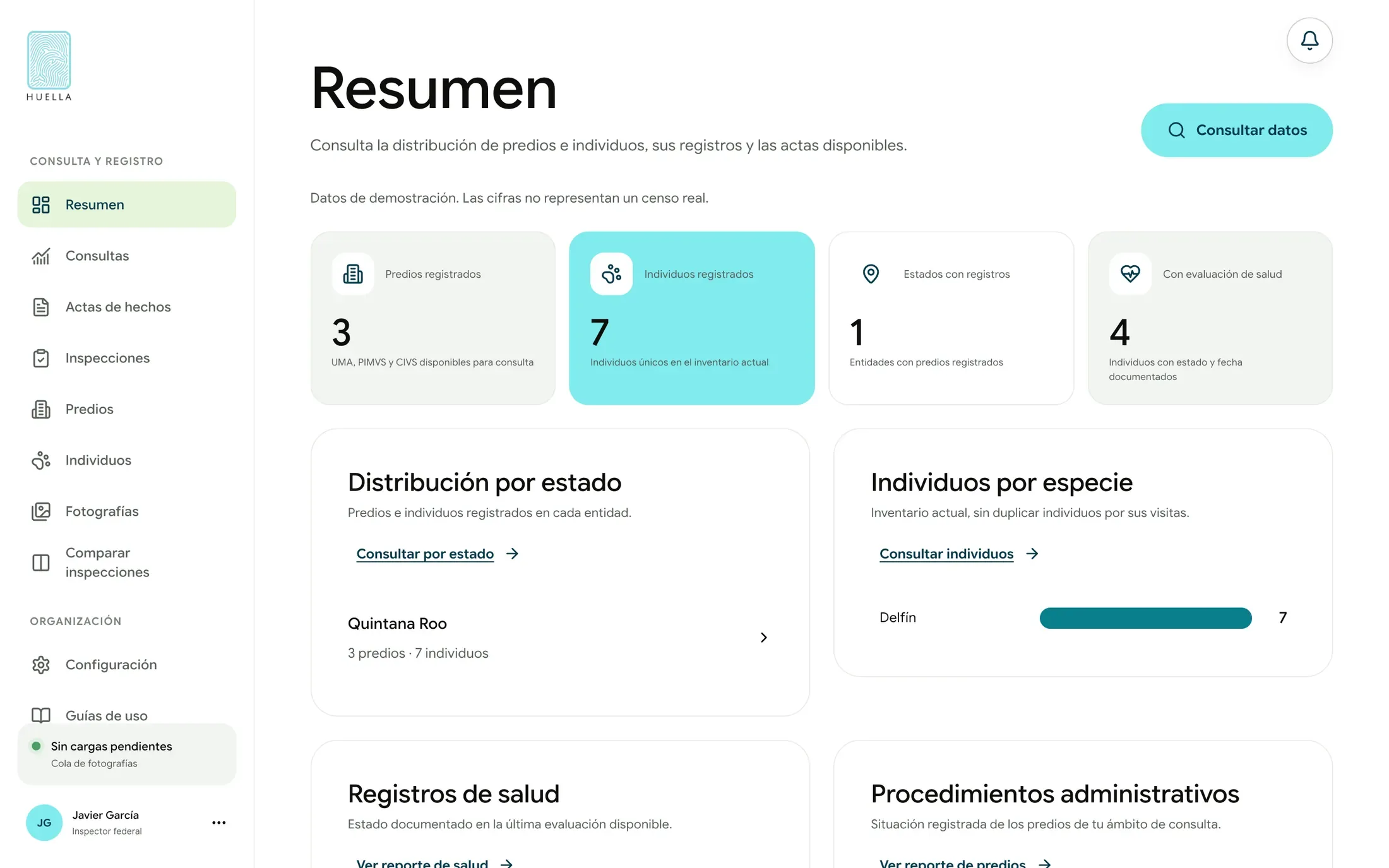 El resumen de demostración muestra predios, individuos, estados y registros de salud, con distribución por estado y especie