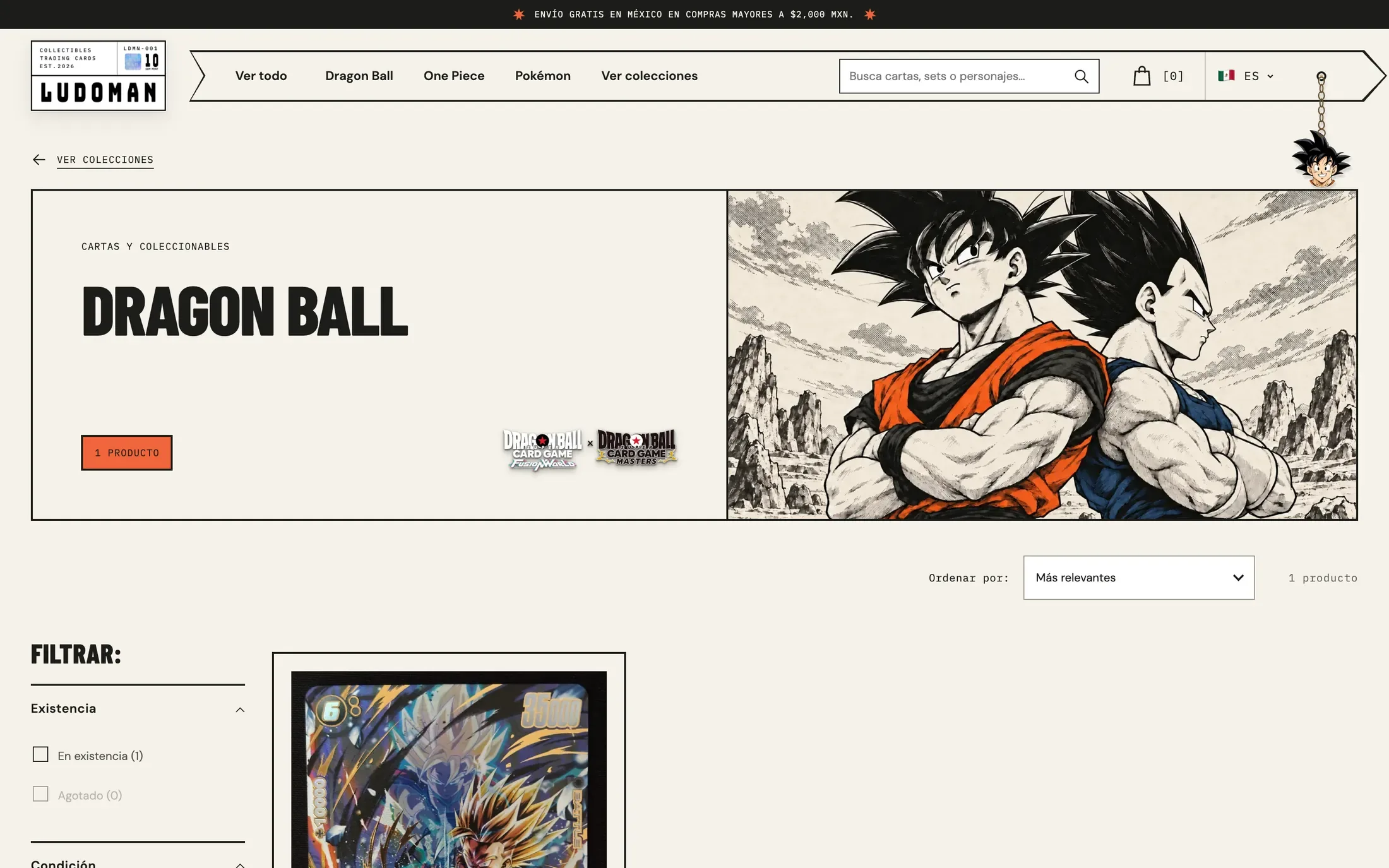La página de la colección de Dragon Ball con su banner, filtros por existencia y condición y el primer producto