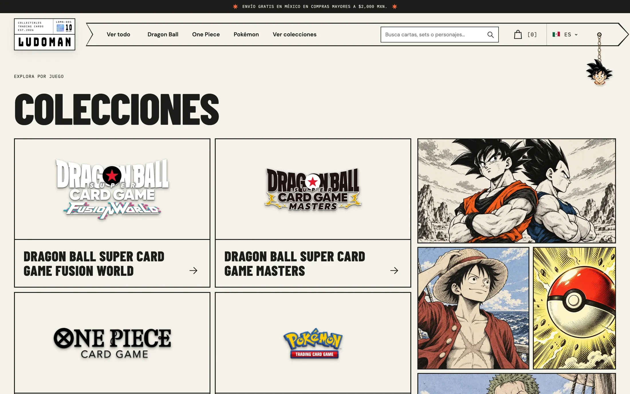 La página de colecciones de Ludoman con tarjetas de Dragon Ball Super Fusion World, Dragon Ball Super Masters, One Piece y Pokémon junto a un collage de manga