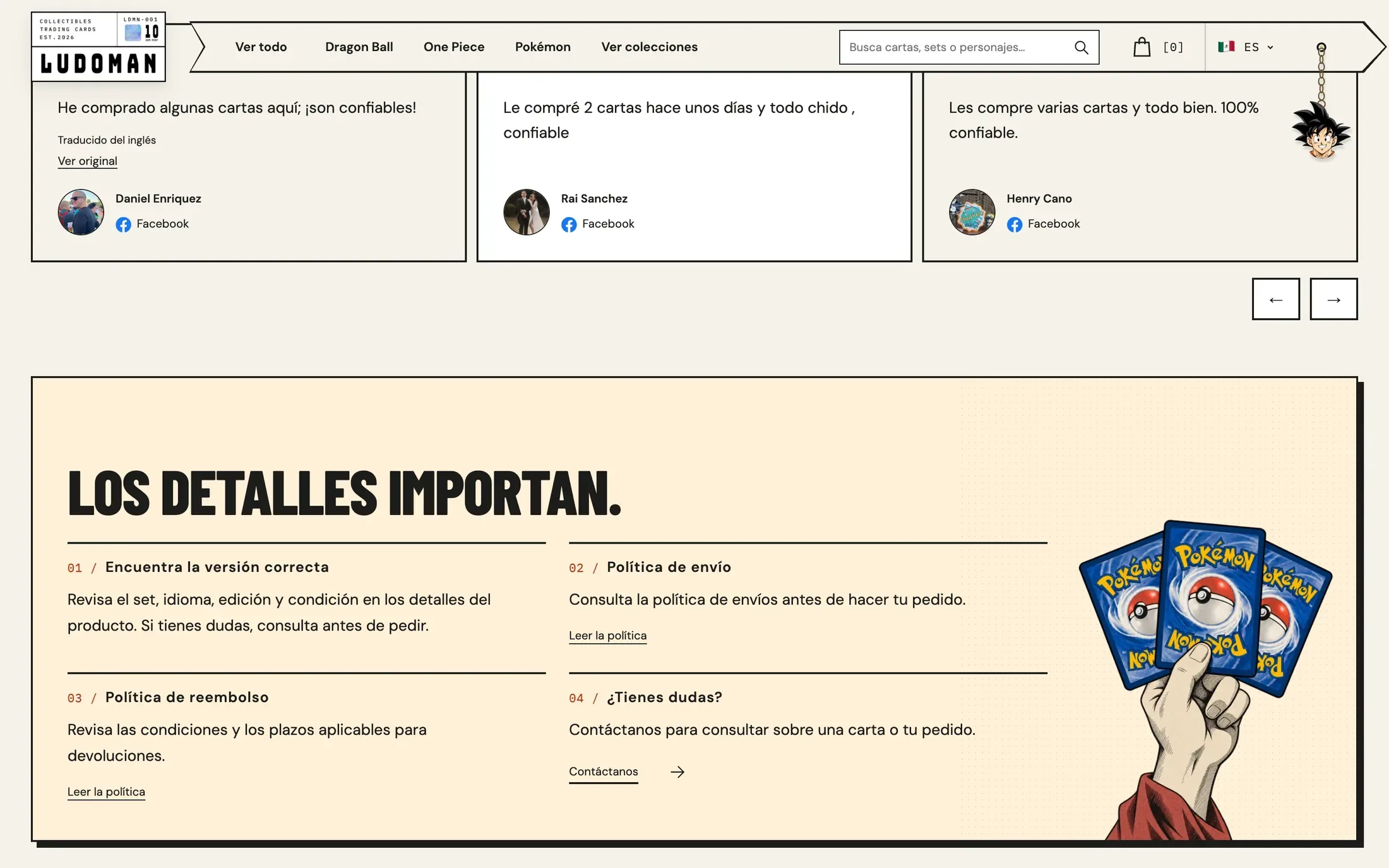 Un panel que explica cómo encontrar la versión correcta de una carta, las políticas de envío y reembolso y cómo hacer una pregunta