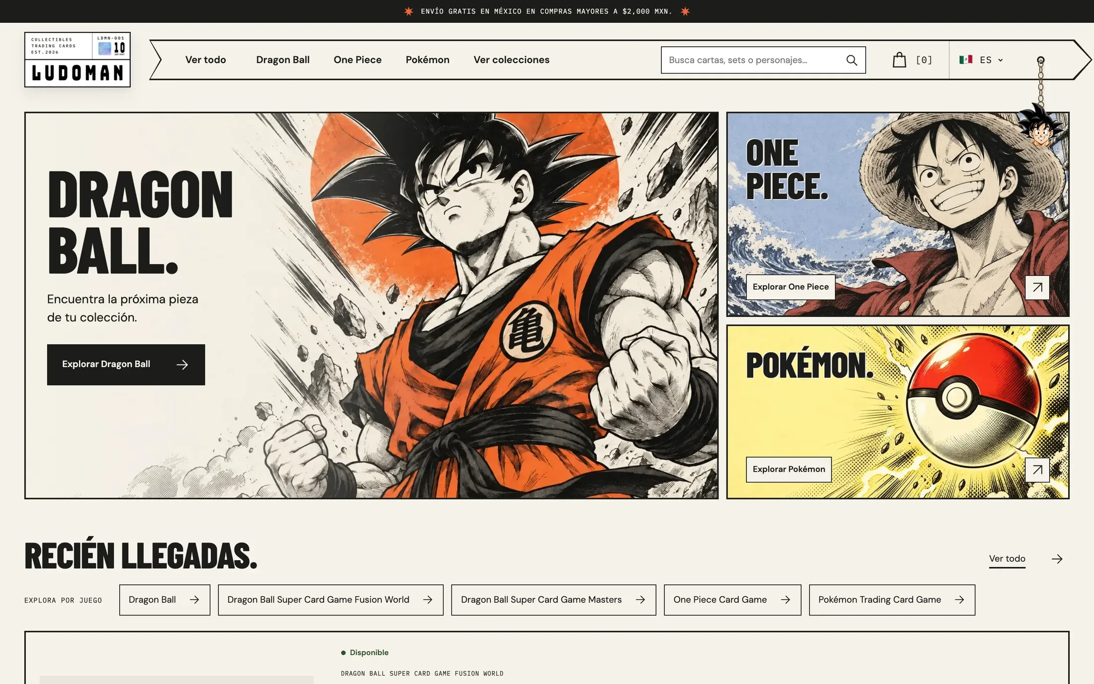 La página de inicio de la tienda Ludoman: un banner de Dragon Ball con Goku, junto a banners más pequeños de One Piece y Pokémon