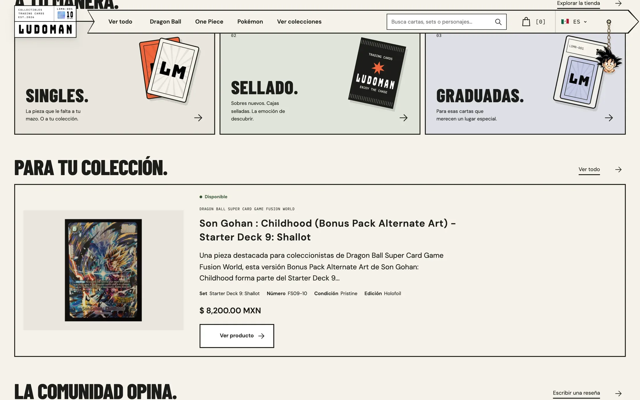 Tres tarjetas para las formas de comprar: cartas individuales, productos sellados y cartas graduadas, y una pieza destacada debajo