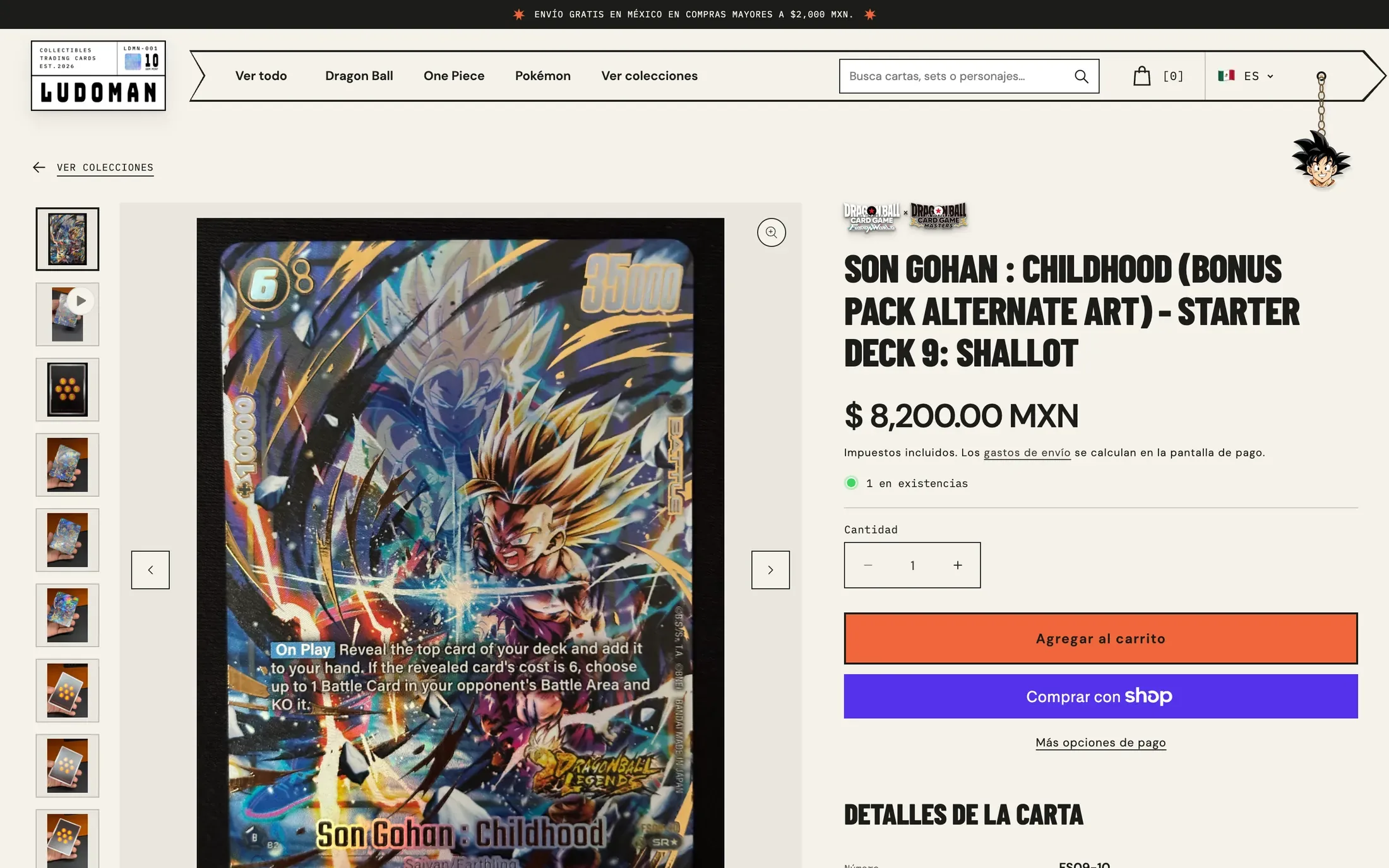 La ficha de una carta de Dragon Ball: su galería de fotos, el precio y el botón para agregar al carrito