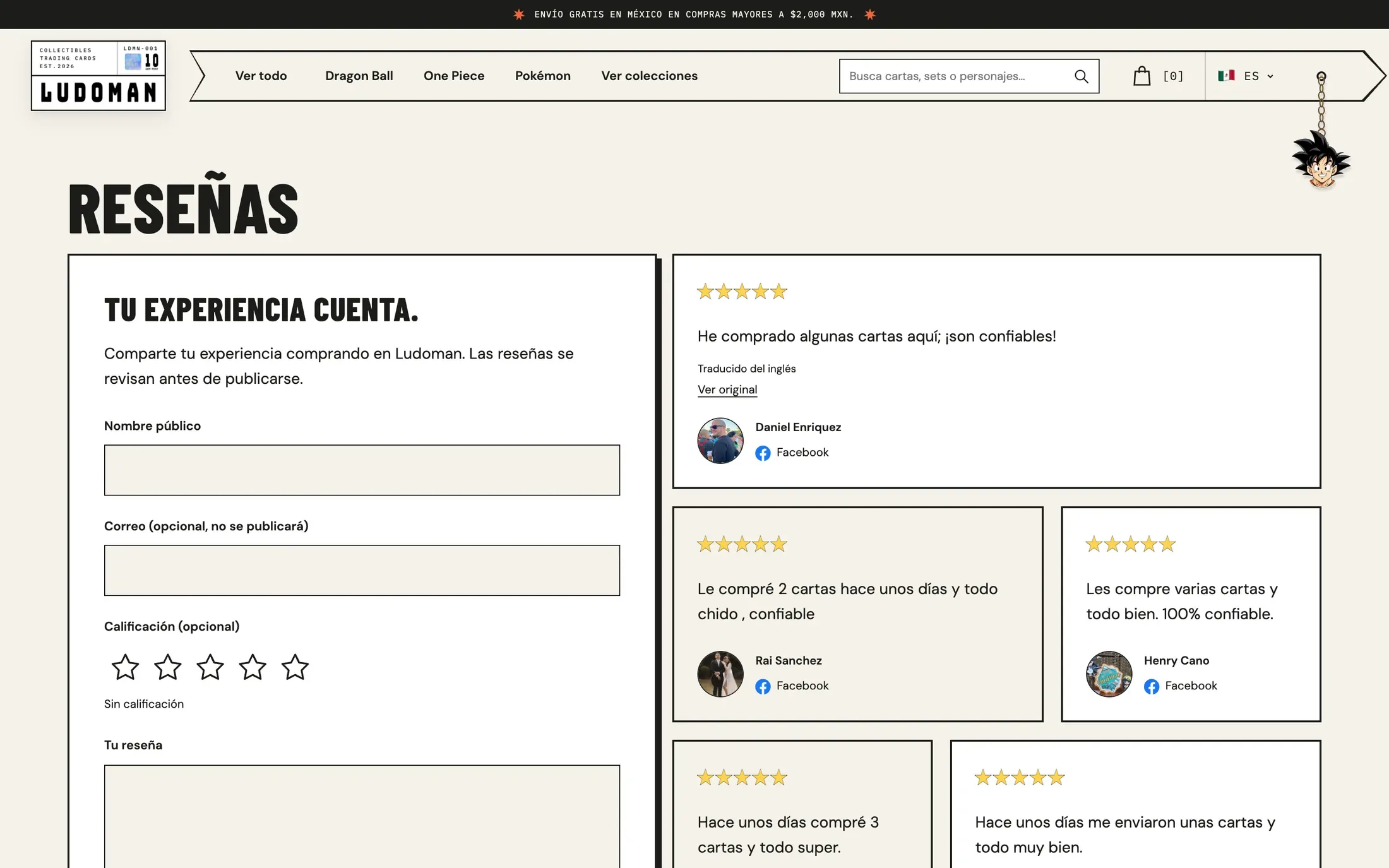 La página de reseñas: un formulario para que los compradores cuenten su experiencia, con calificación y foto opcionales, junto a las reseñas aprobadas