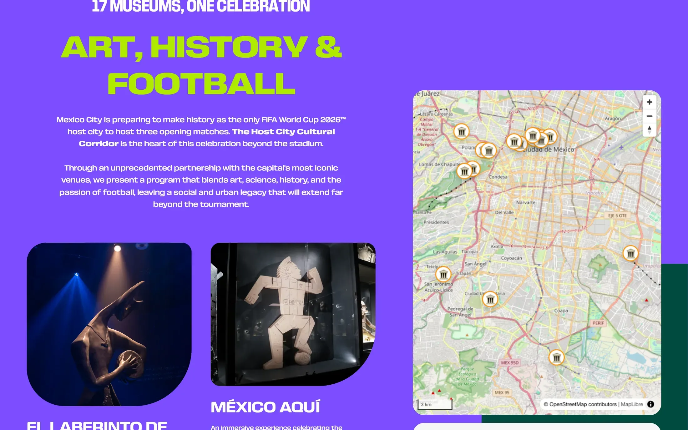 El corredor cultural: tarjetas de museos junto a un mapa de la ciudad con cada sede marcada