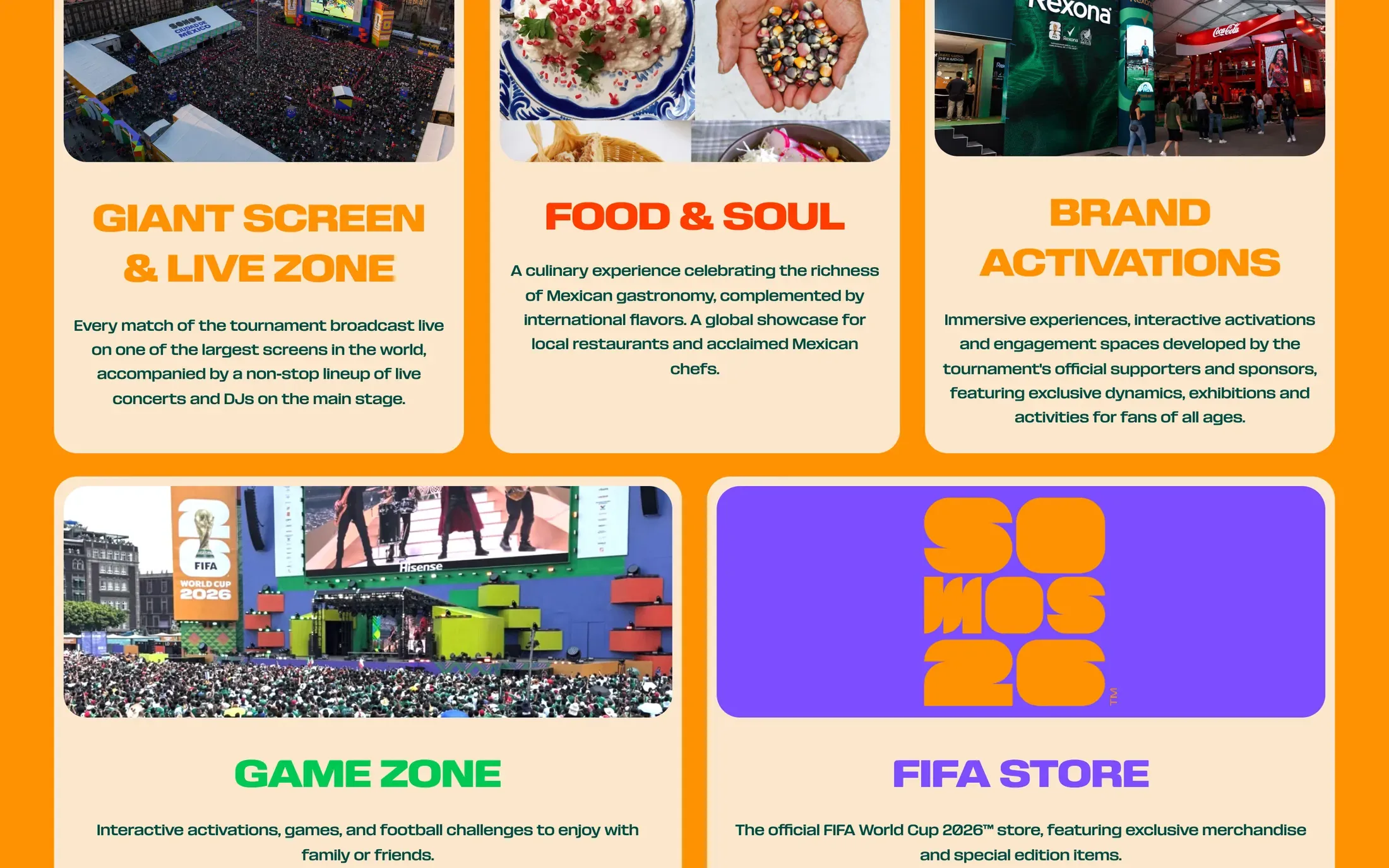 Tarjetas de las zonas del Fan Festival: pantalla gigante, comida, activaciones, juegos y la FIFA Store