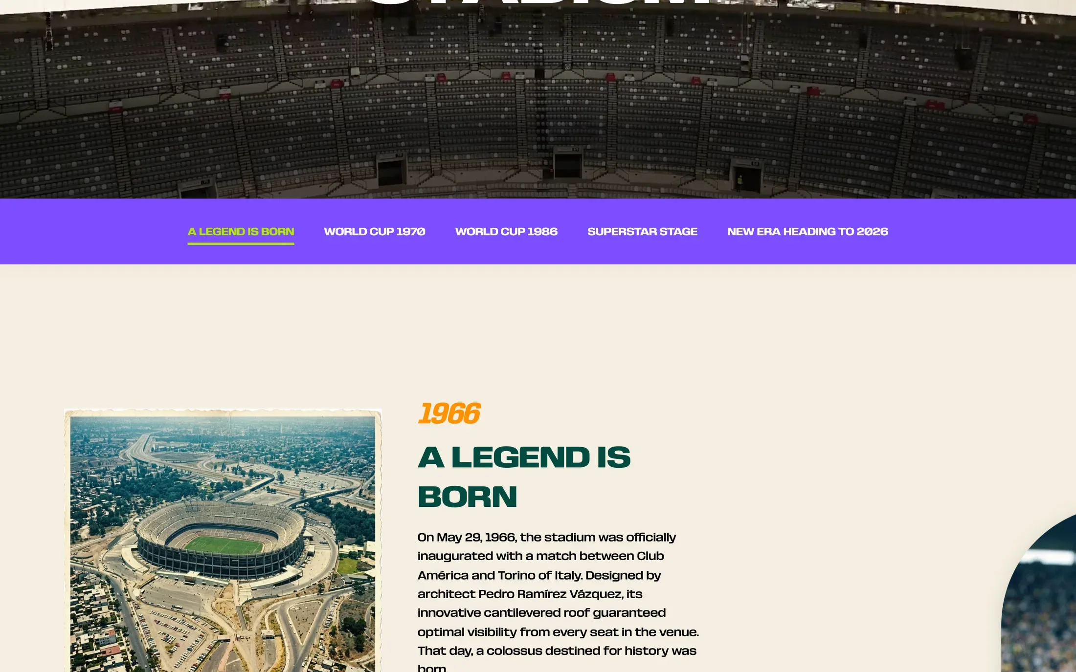 La página de historia del estadio, que empieza en 1966 con una foto aérea del Azteca
