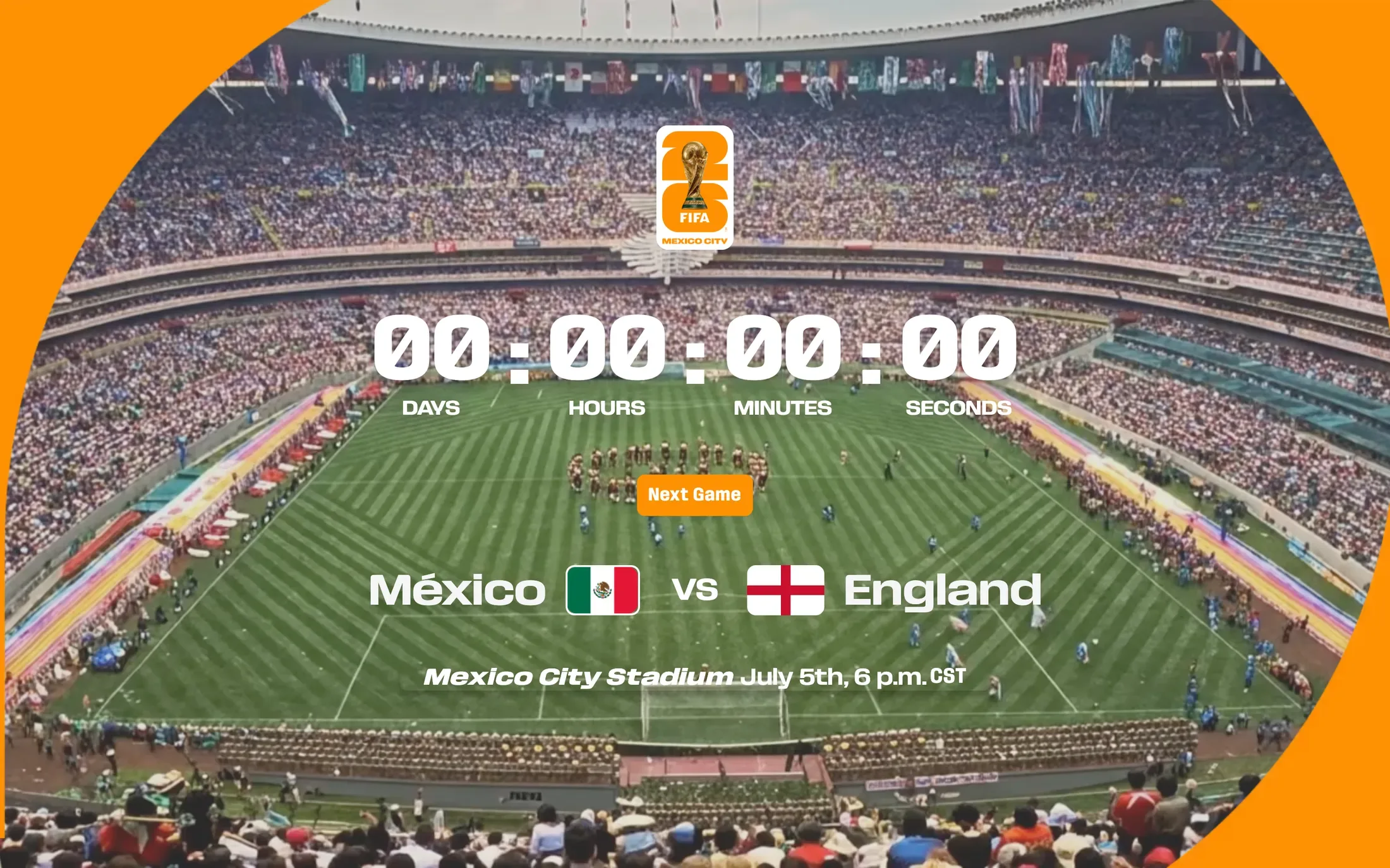 Cuenta regresiva para México contra Inglaterra, enmarcada por el estadio lleno
