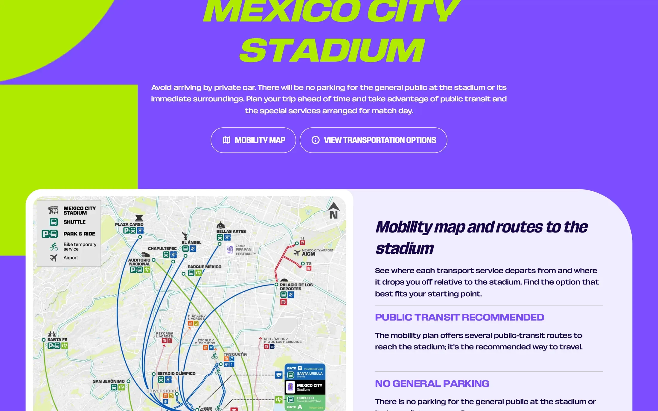 Un mapa de movilidad con las rutas de transporte al Estadio Ciudad de México
