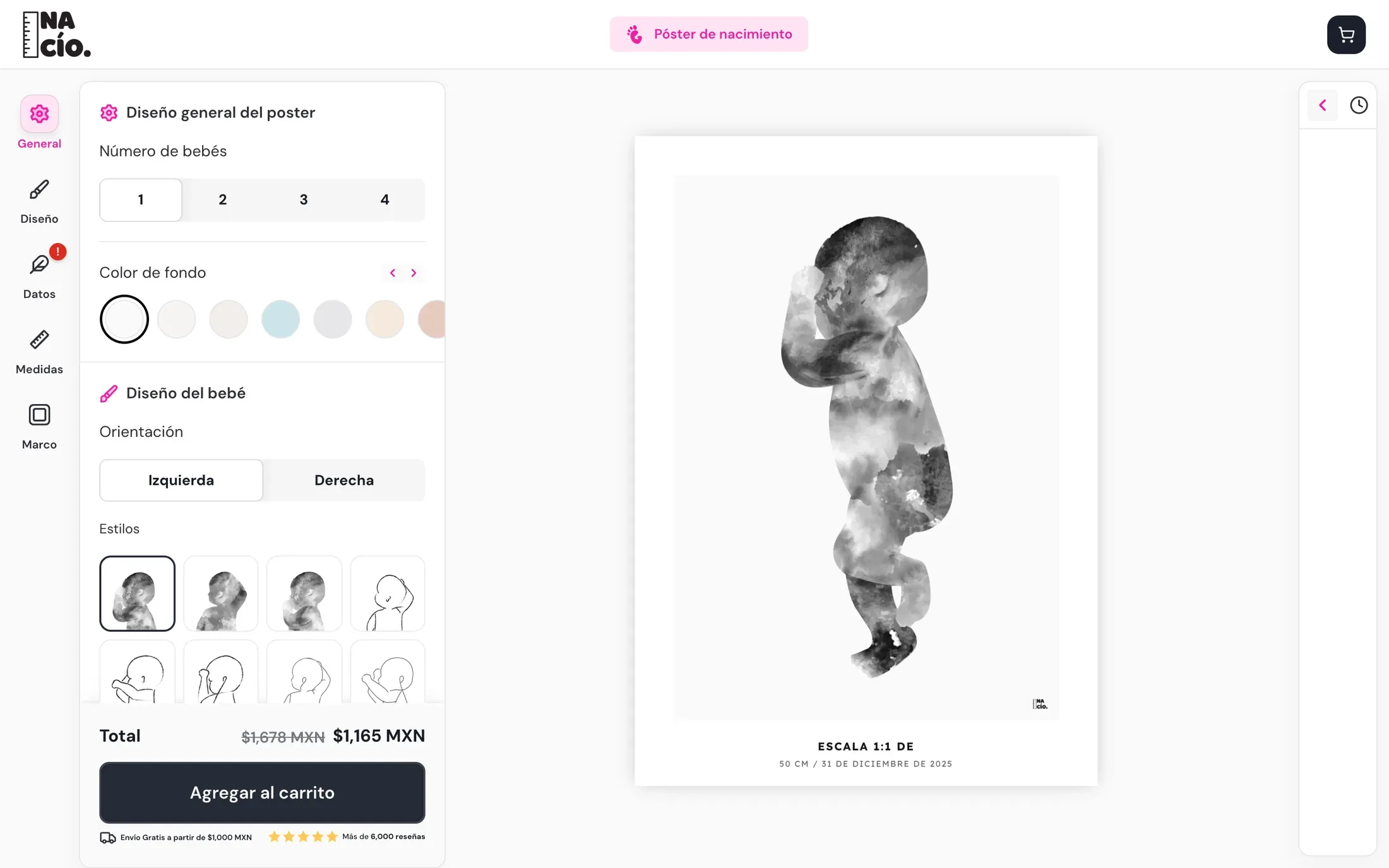 El editor de pósters: un panel para elegir el número de bebés, el color de fondo, la orientación y el estilo, junto al póster y el total