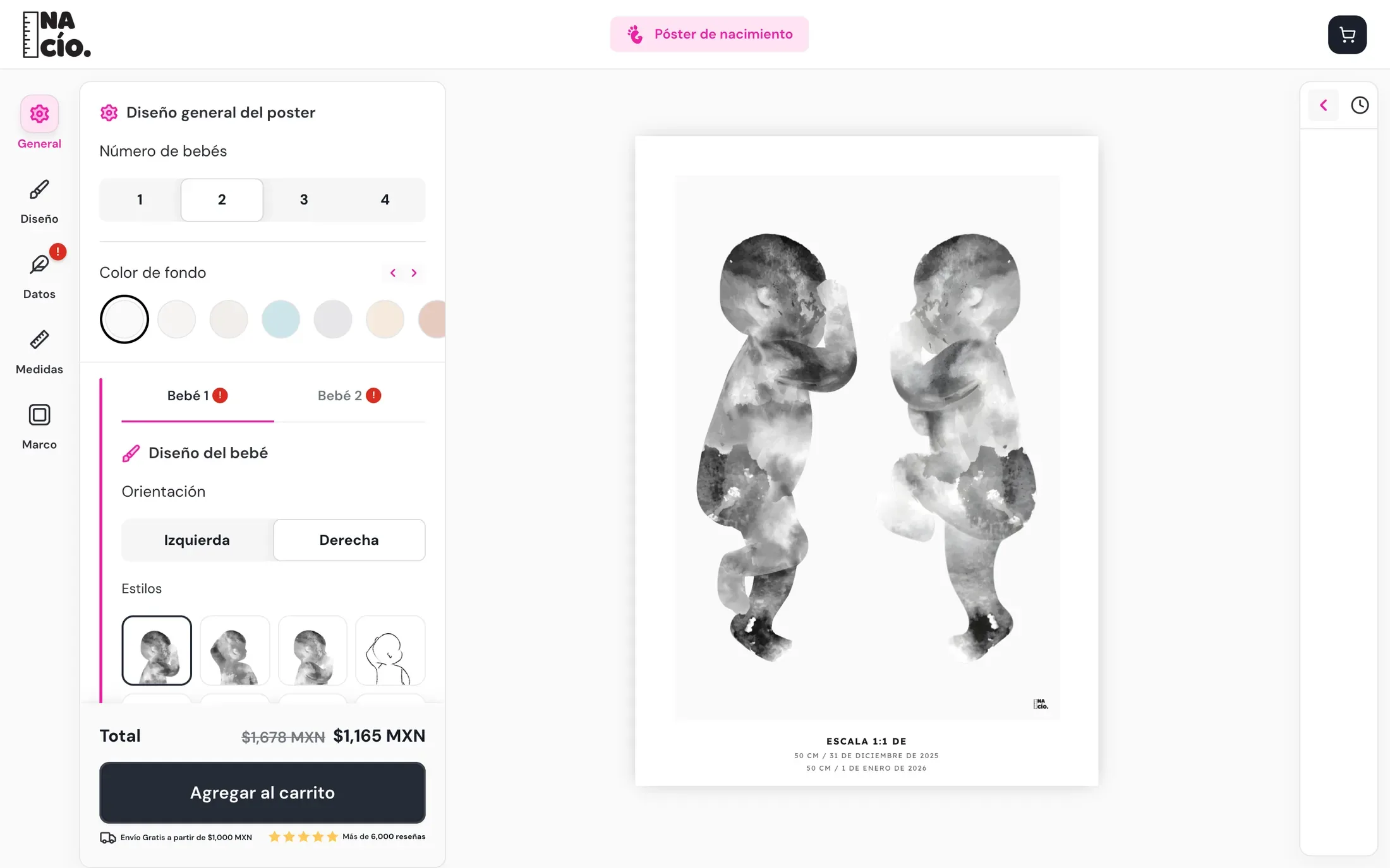 Un póster con dos bebés, cada uno con su propia pestaña para diseño y datos