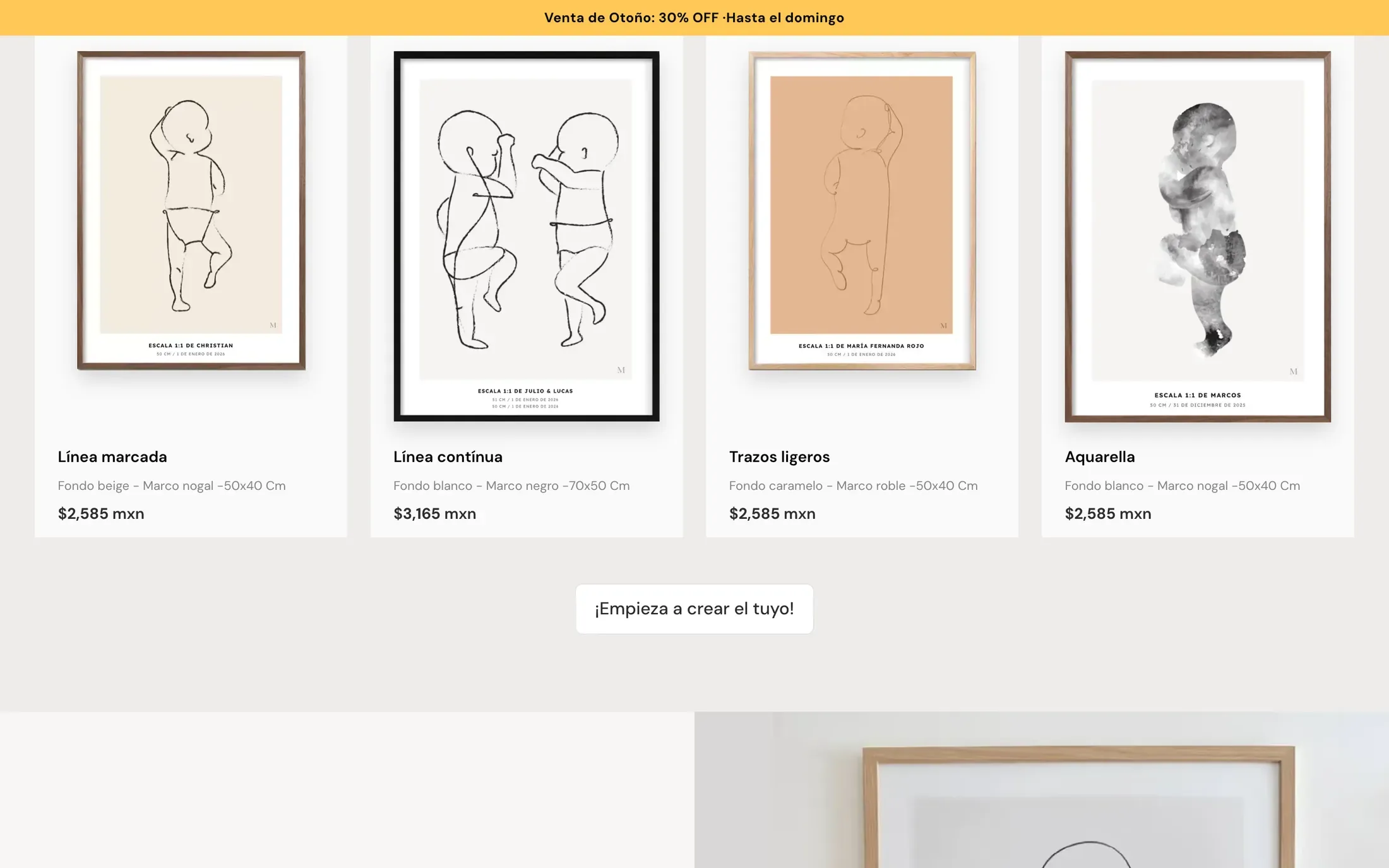 Cuatro diseños de póster con sus precios, de dibujos de línea a acuarela