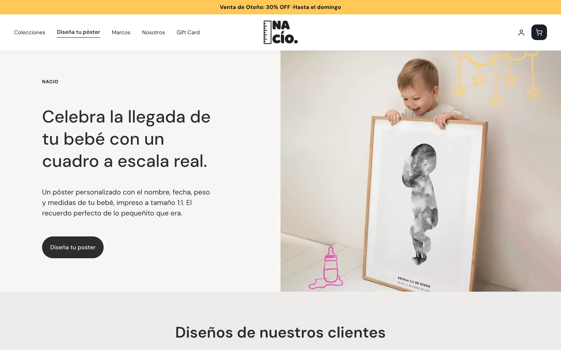 La página de inicio de Nacío: un bebé sosteniendo el póster enmarcado de su propia silueta a escala real, junto a las palabras Celebra la llegada de tu bebé