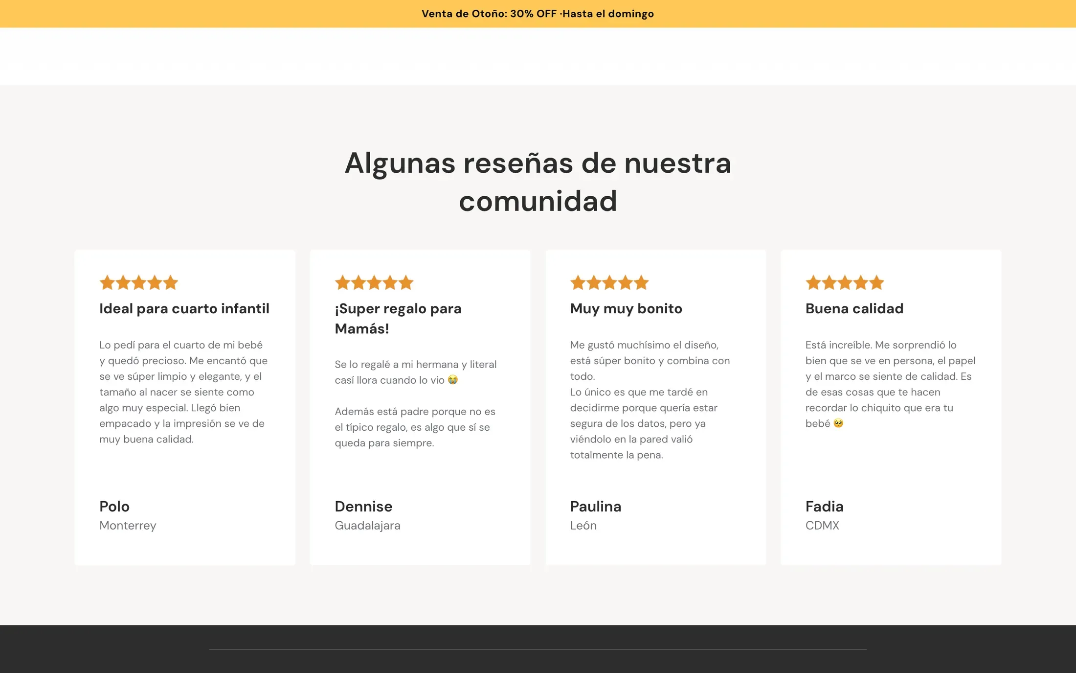 Reseñas de la comunidad de papás que pidieron un póster, con sus nombres y ciudades