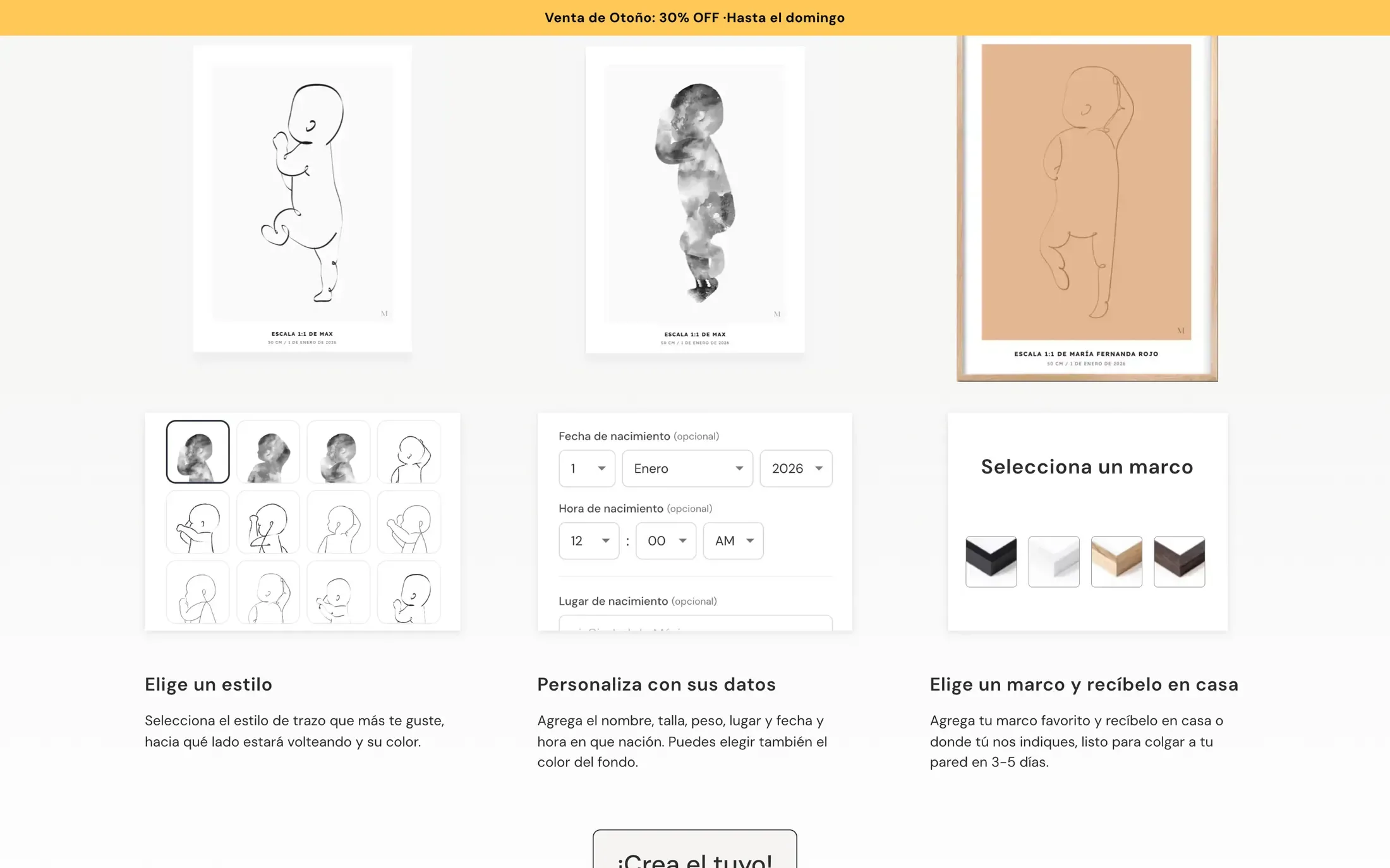 Los tres pasos para hacer un póster: elegir un estilo, personalizarlo con los datos del bebé y escoger un marco