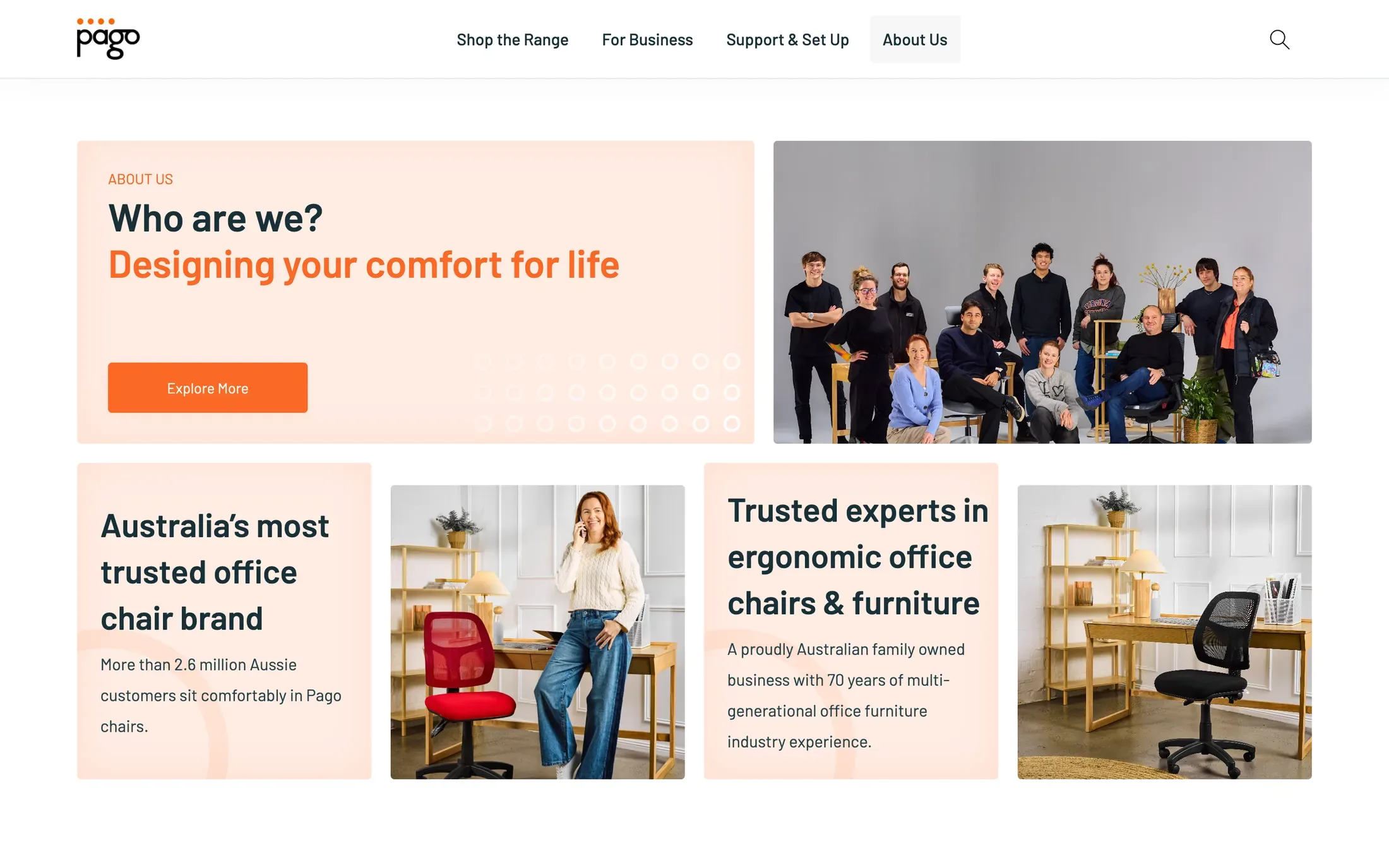 La página de nosotros: la foto del equipo junto a la frase Designing your comfort for life y la historia de la marca en tarjetas
