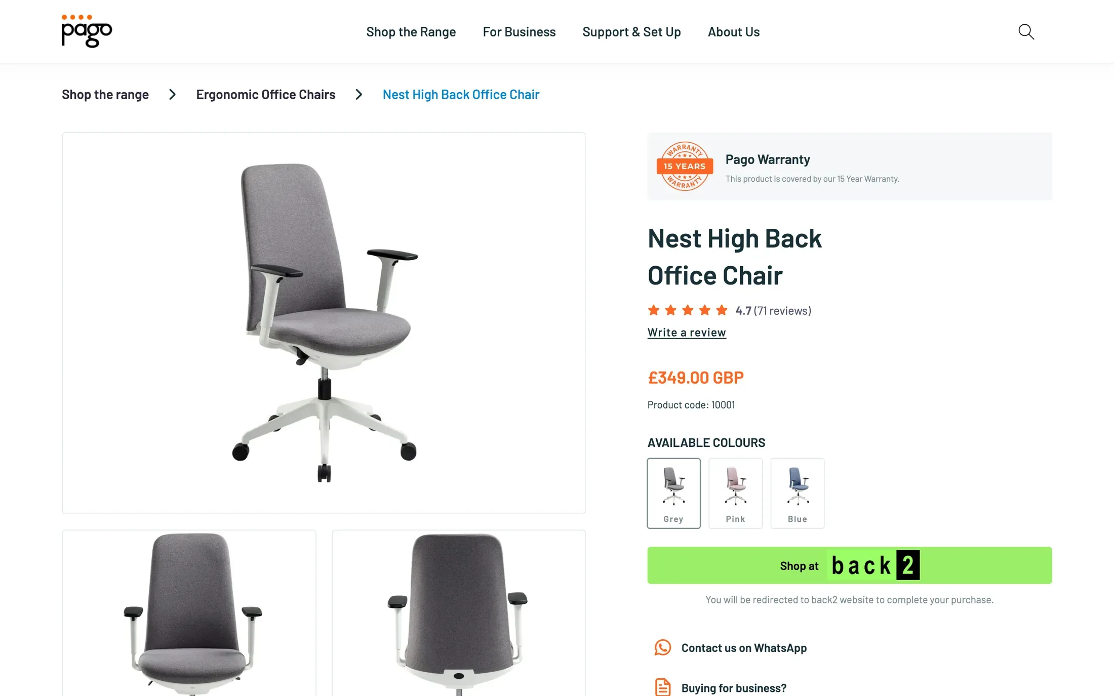 Una ficha de producto: la silla con su galería, su garantía de 15 años, precio, colores y el botón para comprar con la tienda aliada