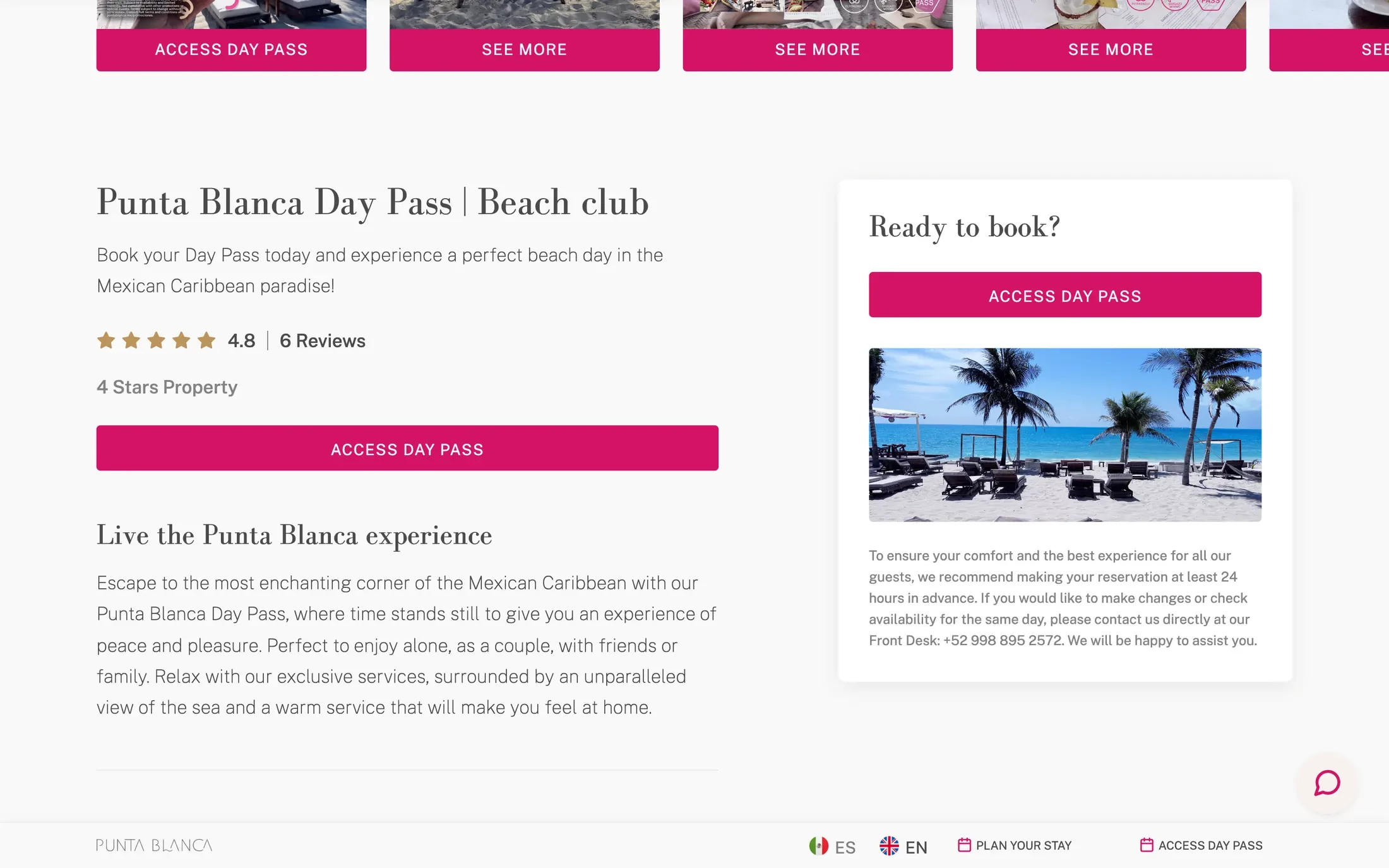 La página del Day Pass: lo que incluye el beach club, sus horarios y precios, y una caja para reservar
