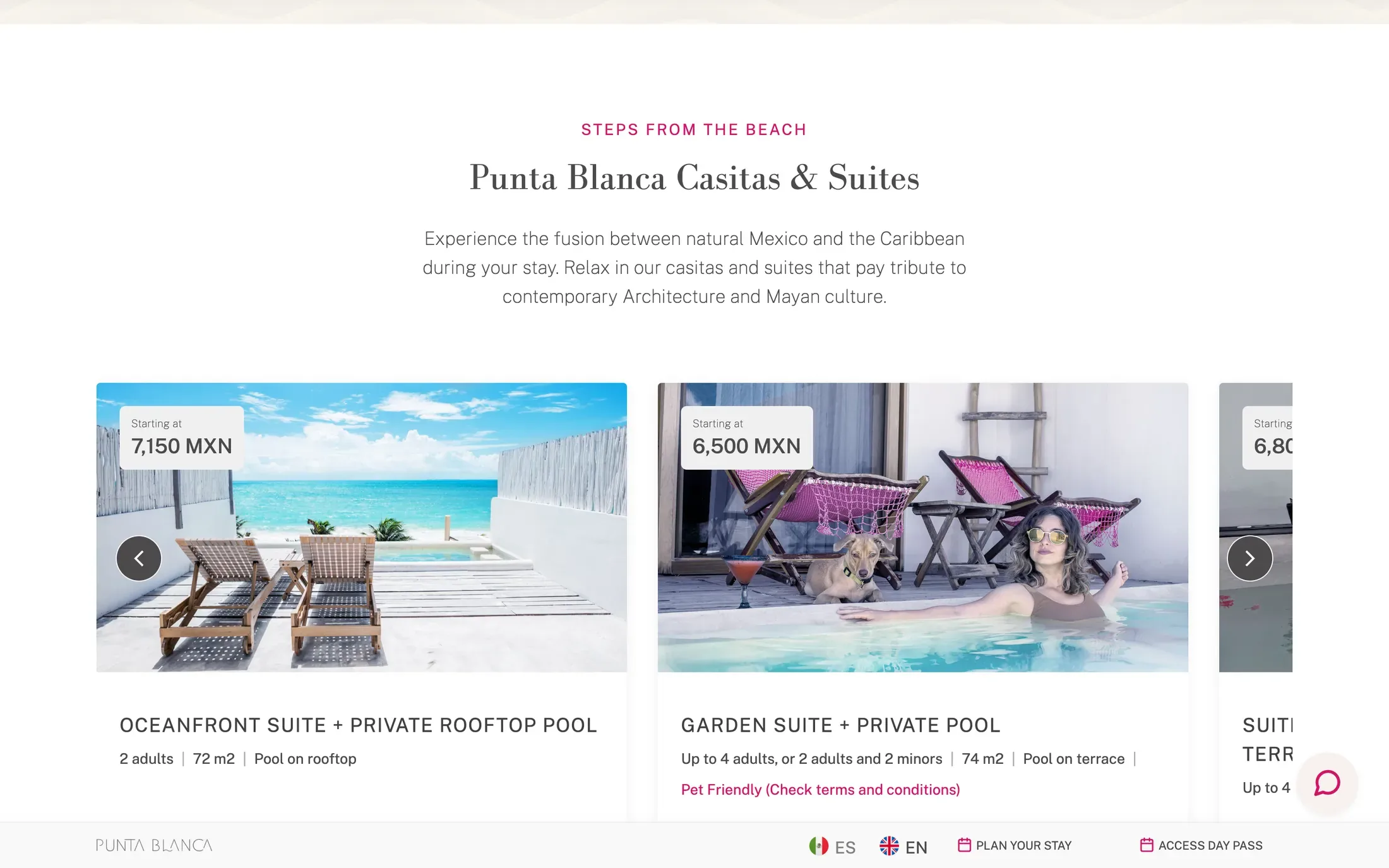 Un carrusel de las casitas y suites del hotel con su tarifa por noche