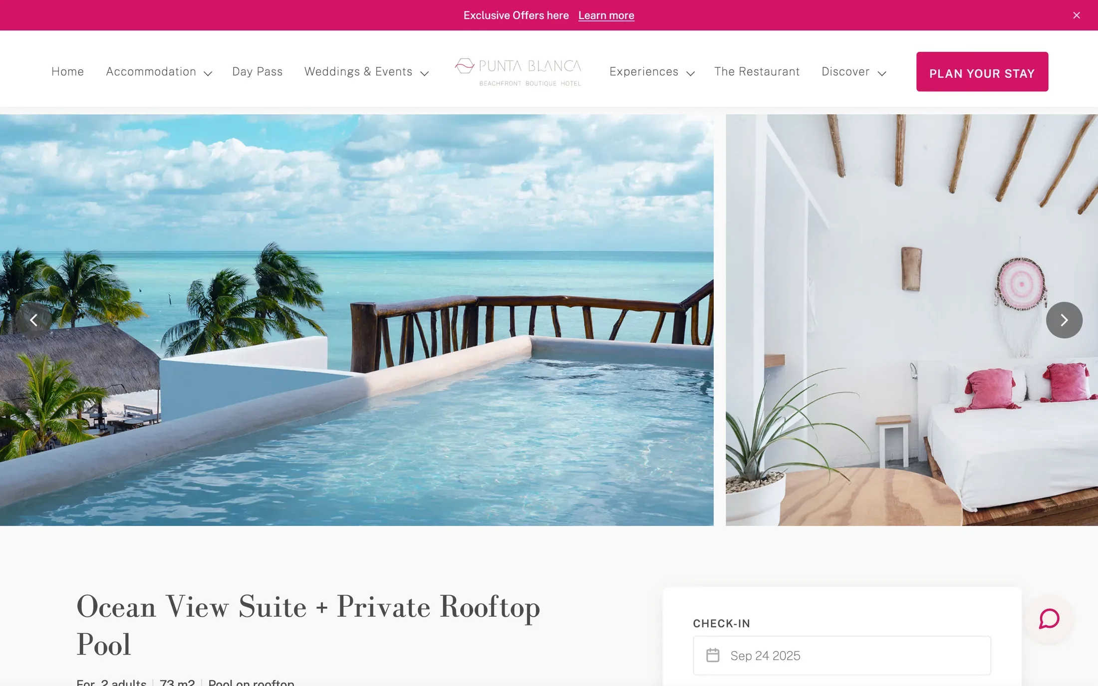 La página de la suite con vista al mar y alberca privada en el rooftop, con su galería y la caja de reserva