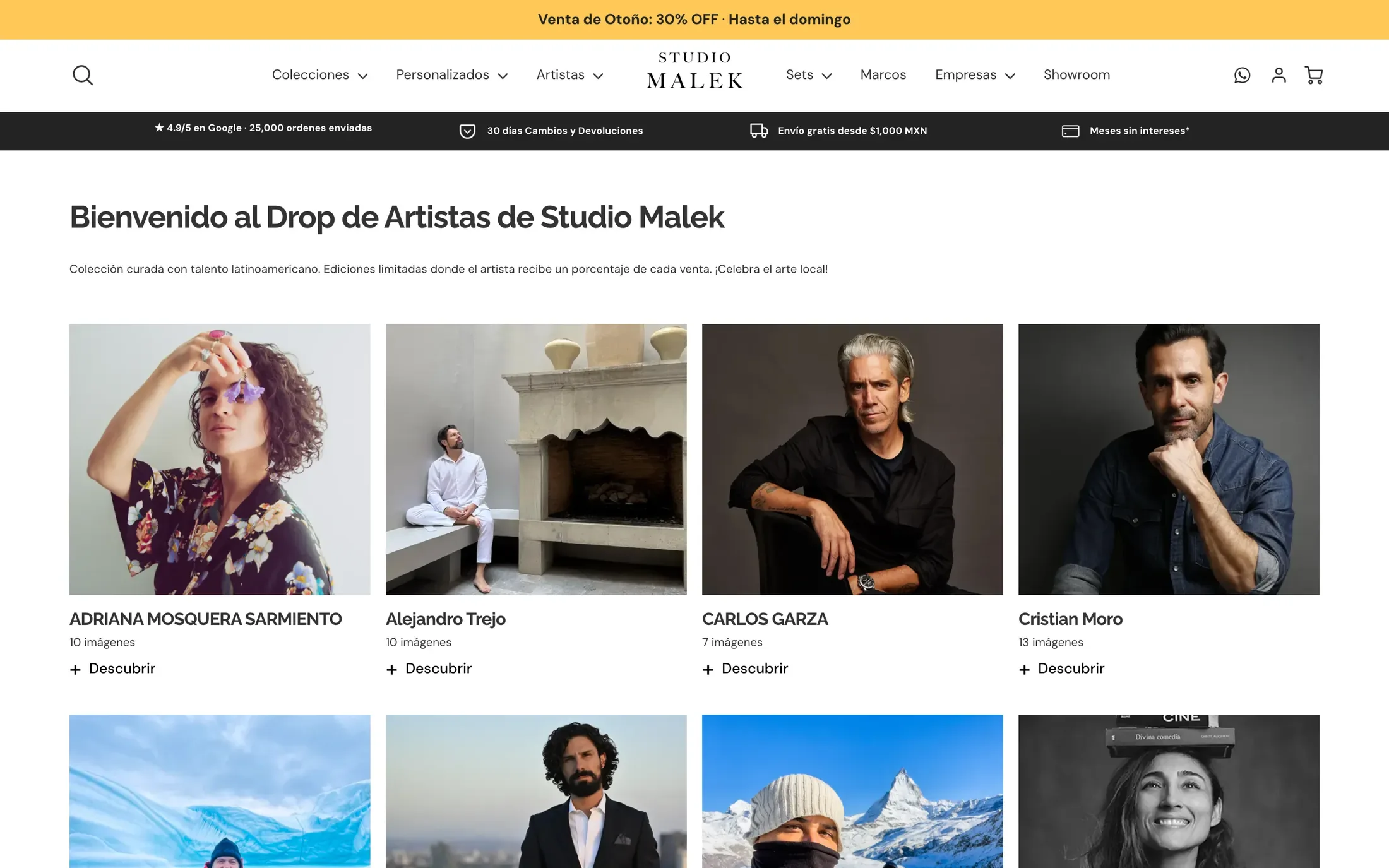El drop de artistas: retratos de los artistas en una cuadrícula, cada uno con su número de imágenes y un enlace para descubrirlo