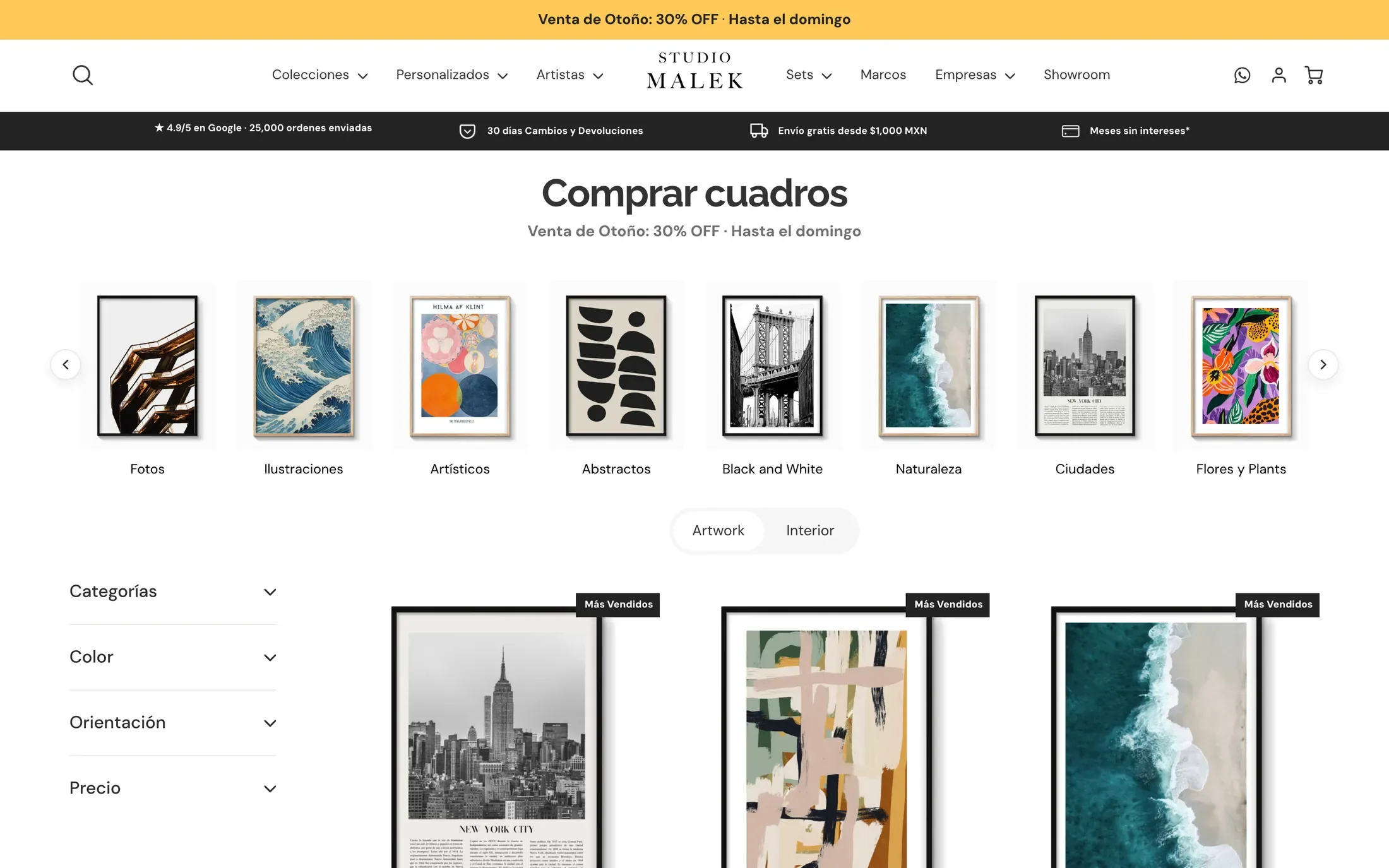 La página para comprar cuadros, con una fila de estilos, los filtros por categoría, color y orientación y las primeras piezas