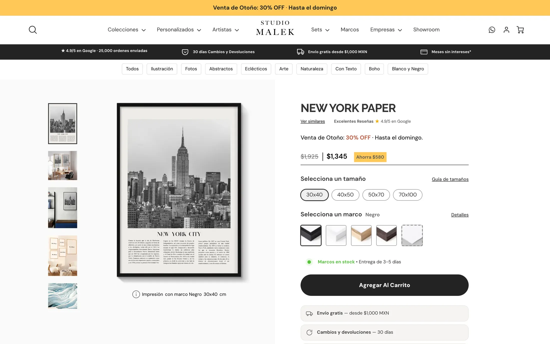 Una ficha de producto: el cuadro con su galería, el precio de oferta, los tamaños y los colores de marco para elegir