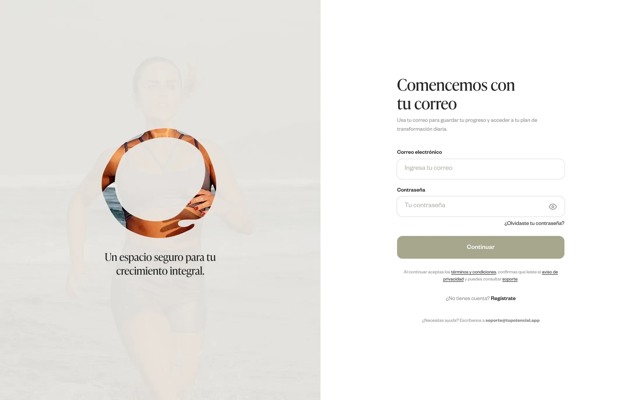 La página para iniciar sesión: un formulario junto a la foto de una atleta tras un logotipo circular, con las palabras Un espacio seguro para tu crecimiento integral