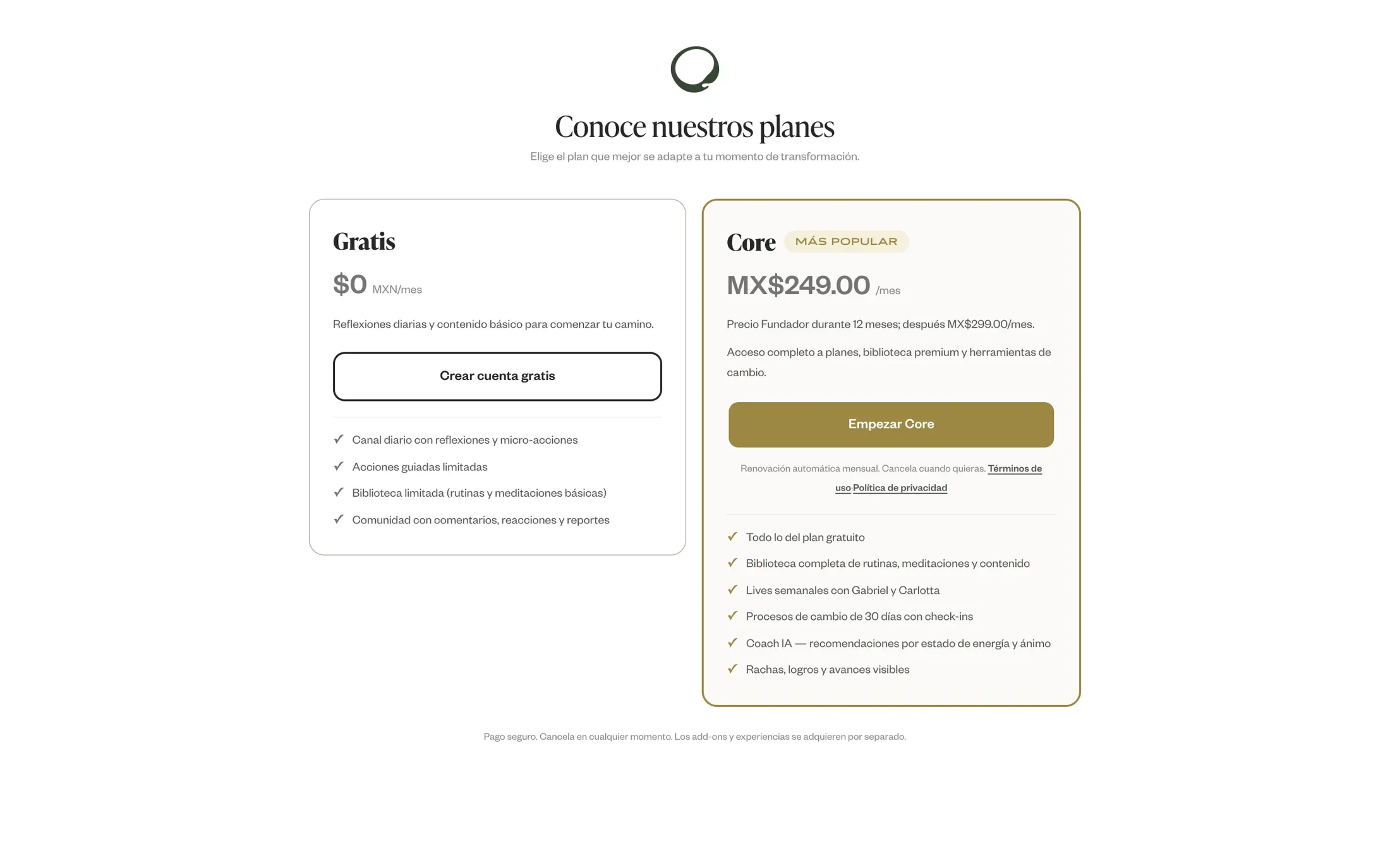 La página de planes: un plan gratis y el plan Core con su precio mensual y lo que incluye